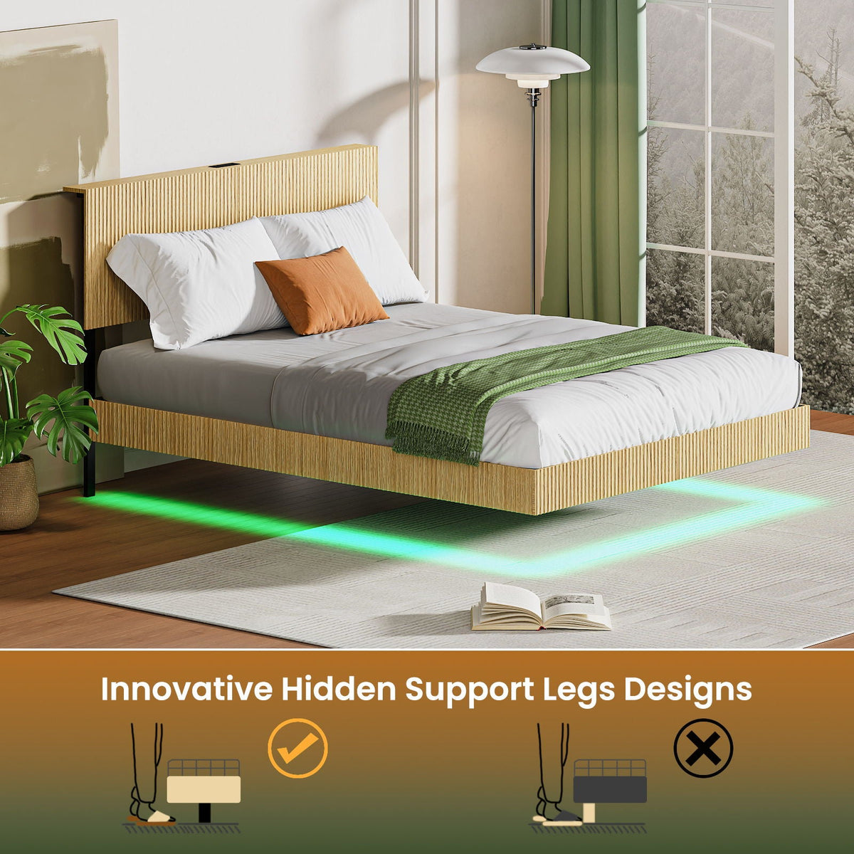 Floating Bedstead With Charging Station And LED Lights