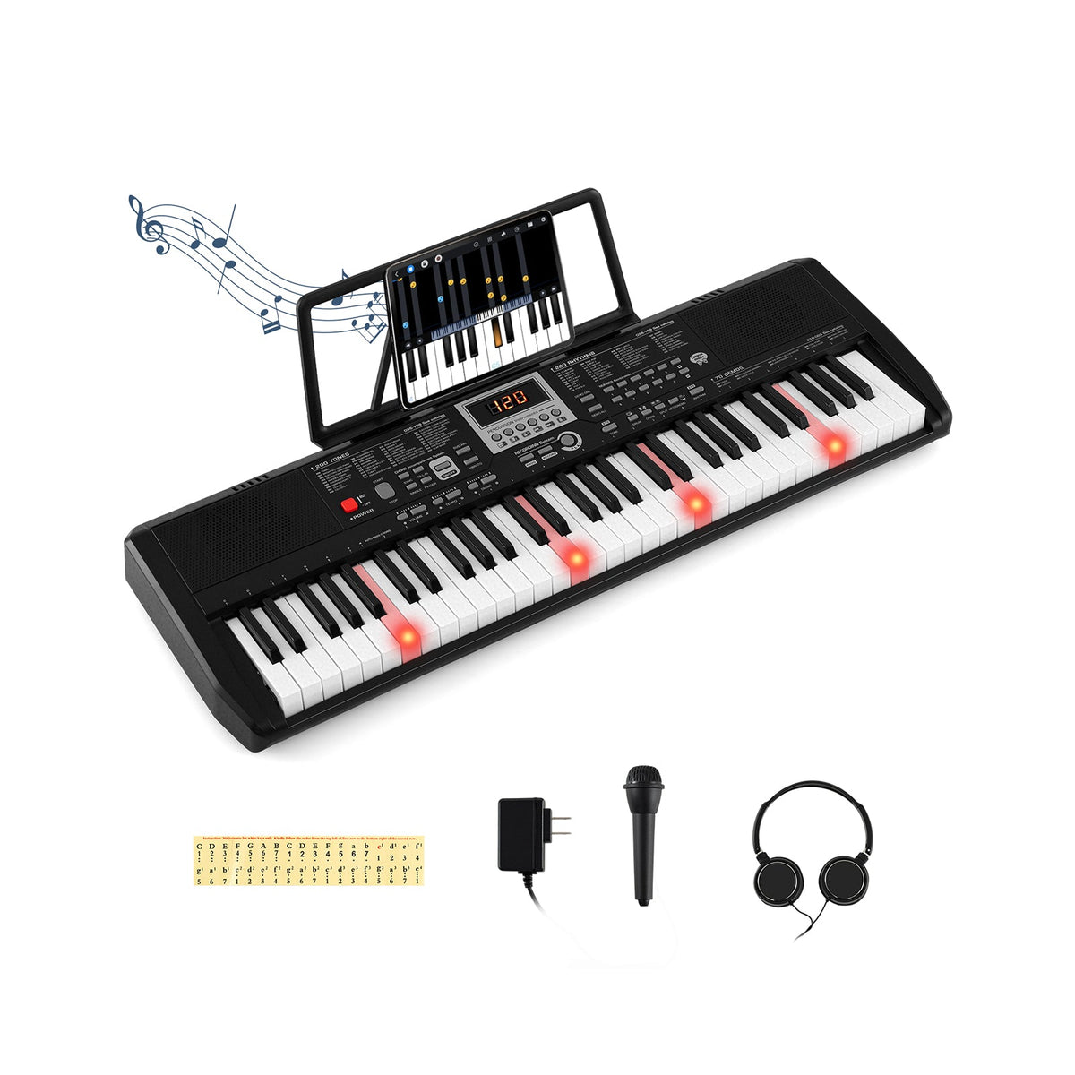 61 Keys Portable Keyboard for Beginners Electric Piano Keyboard Kit with 200 Rhythms and 200 Tones-Black