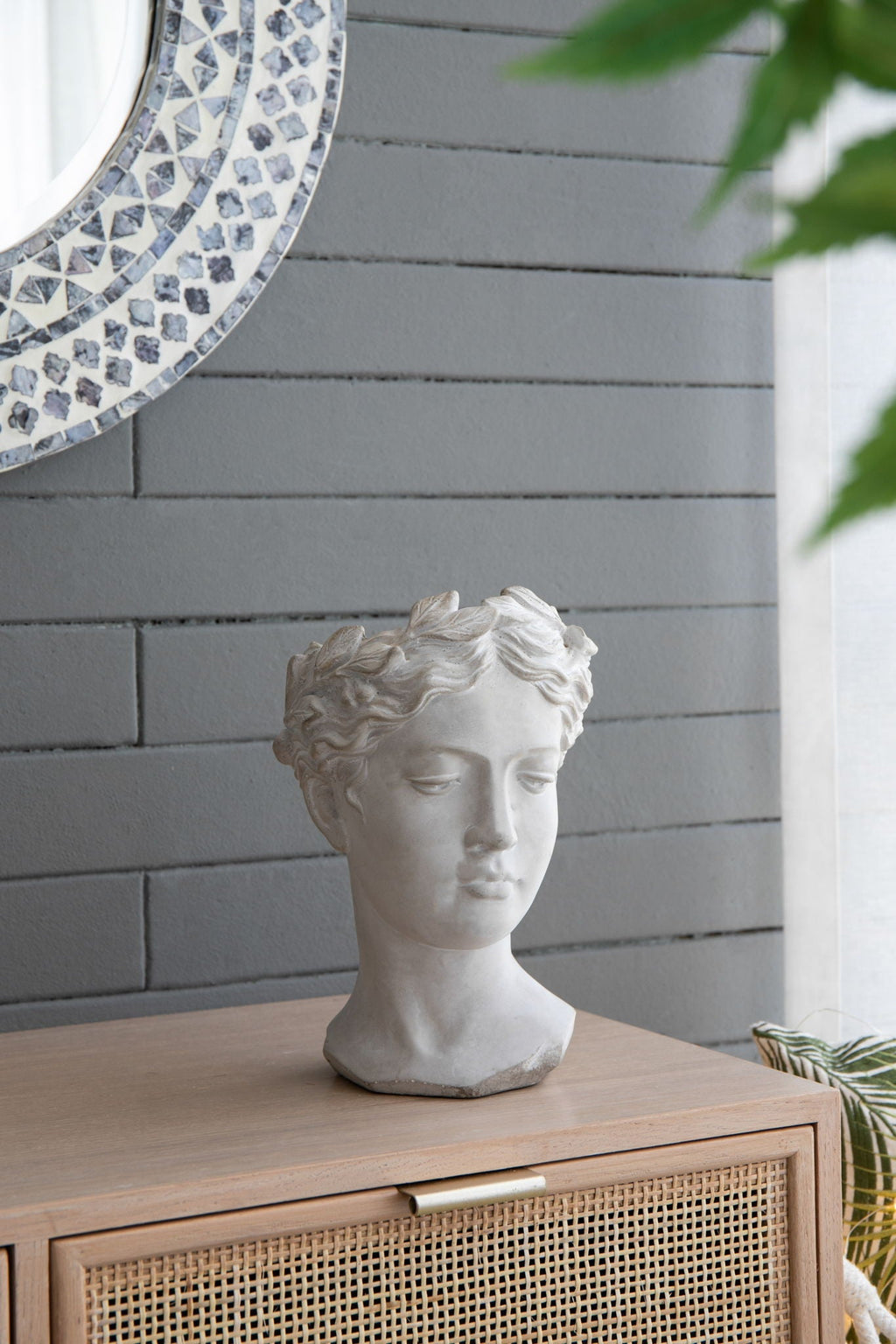Greek Style Cement Head Planter Indoor Outdoor Home, Garden Decor - Gray