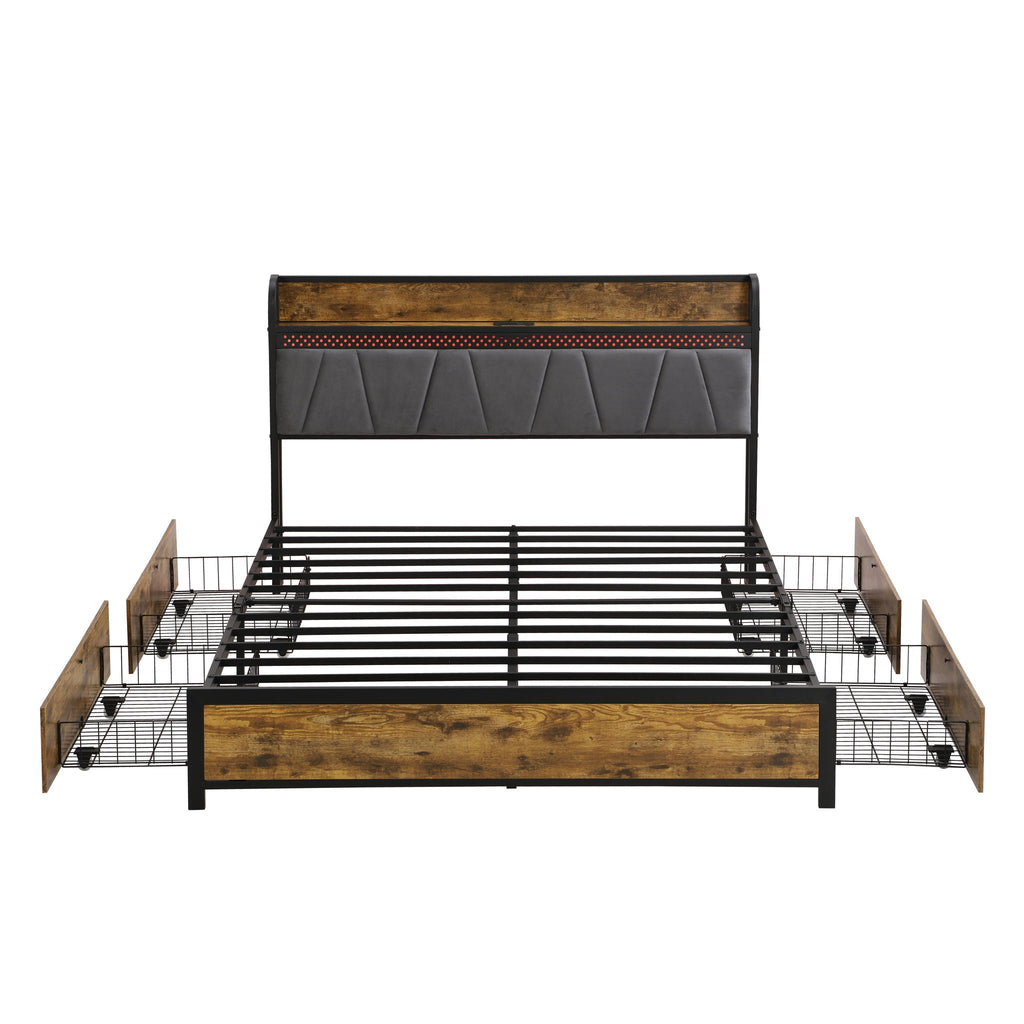 Modern Bed Frame With LED Lights, Upholstered Headboard, USB Charging