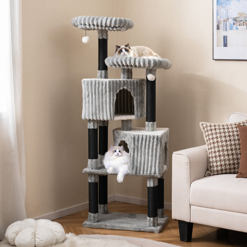 62 Inch Tall Cat Tower with Scratching Posts and Soft Flannel Covering-Light Gray