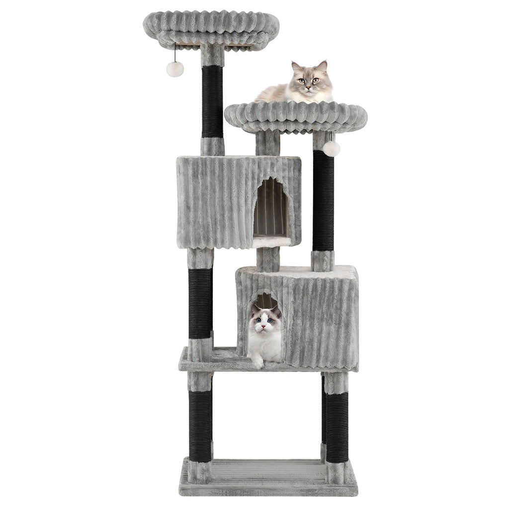 62 Inch Tall Cat Tower with Scratching Posts and Soft Flannel Covering-Light Gray