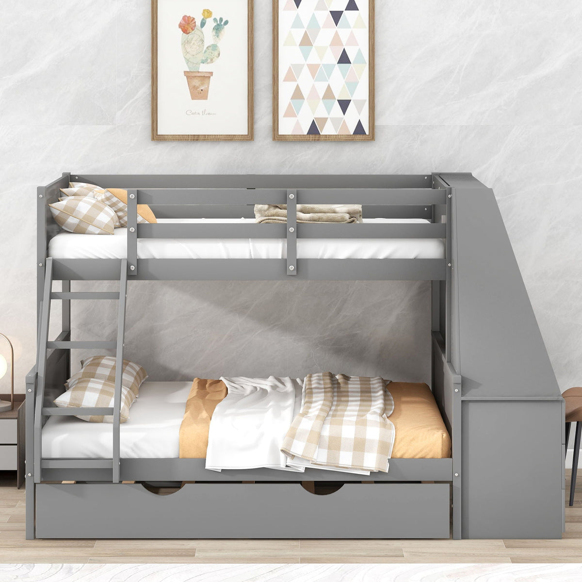 Bunk Bed With Trundle And Built In Desk, 3 Storage Drawers And Shelf