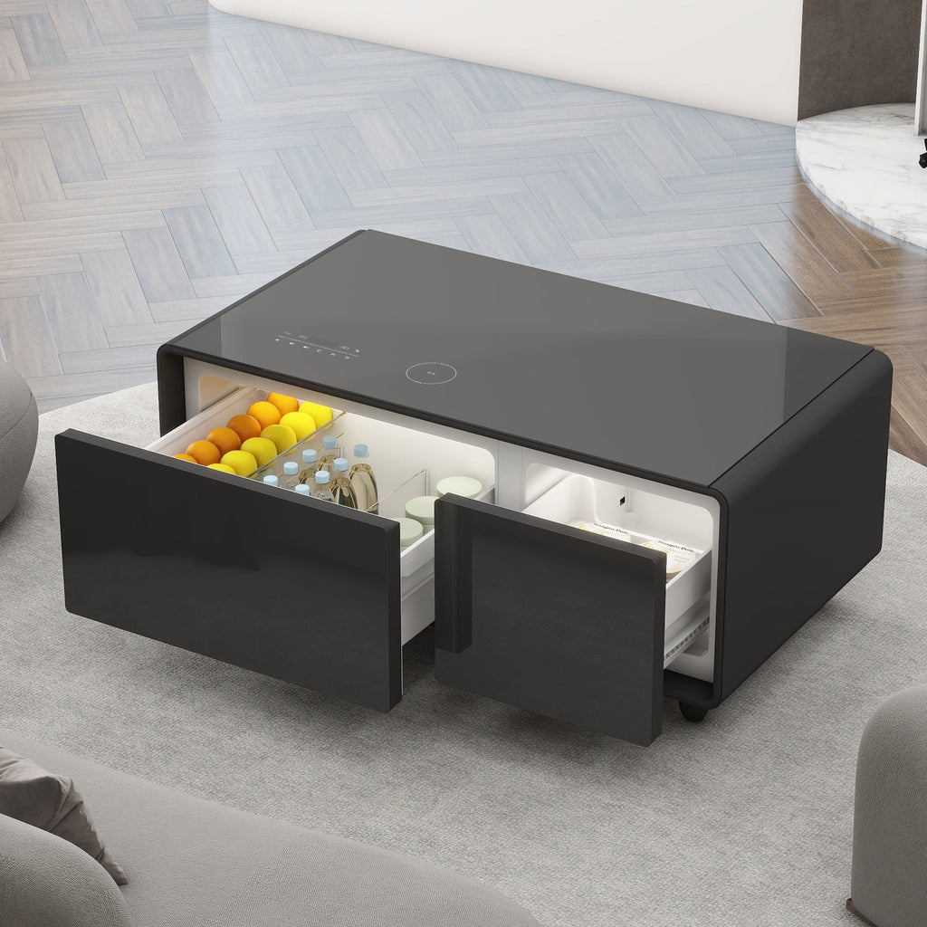 Modern Smart Coffee Table With Built-In Fridge - tooth Speaker, Wireless Charging, Touch Control Panel, USB Interface, Outlet Protection, Atmosphere Light