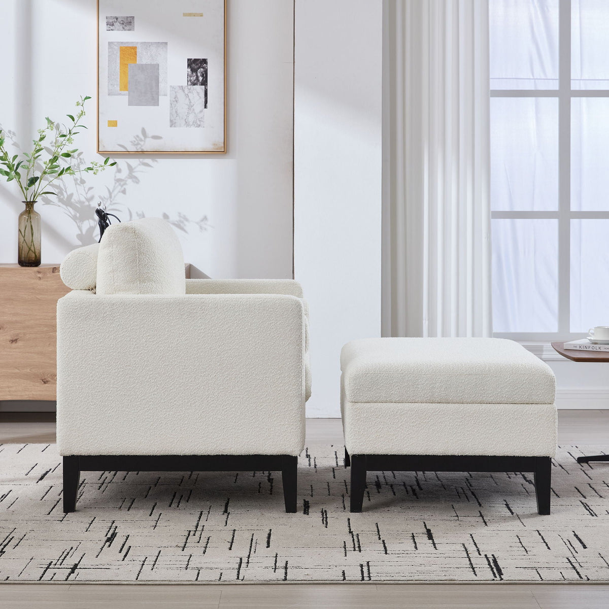 Farmhouse Upholstered Accent Chair With Ottoman, Reversible Lid Coffee Table
