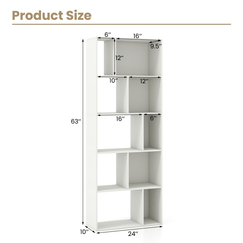 63 Inch 5-Tier Geometric 10-Cube Bookshelf Tall Bookcase-White