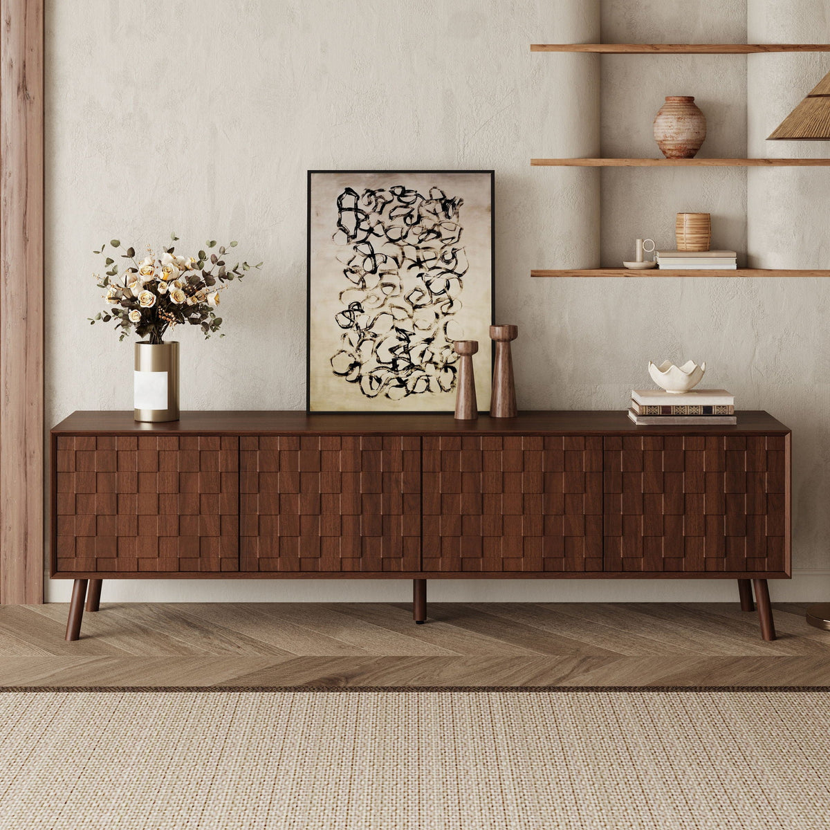 TV Stand With Soft Closing Hinges And Cable Management - Walnut