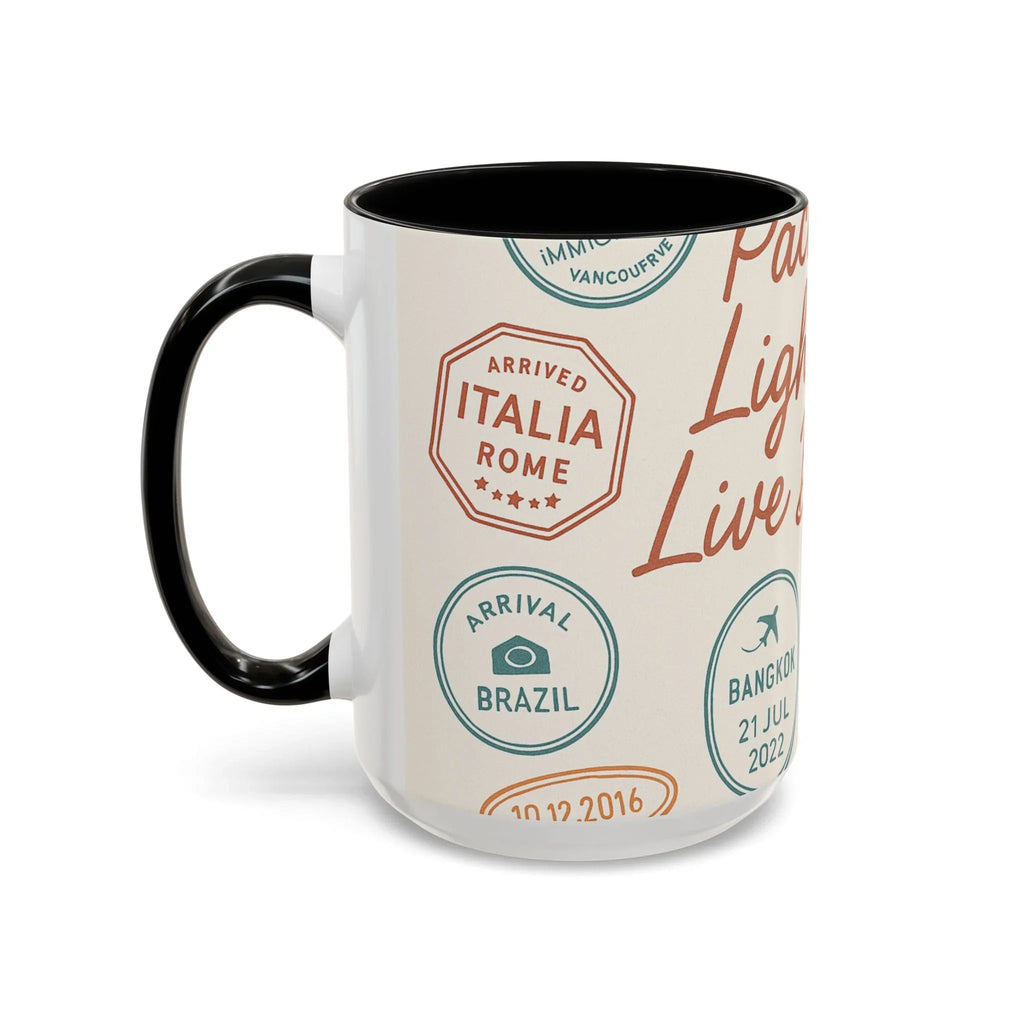 Pack Light, Live Big – Wanderlust Mug with Passport Stamp Collection