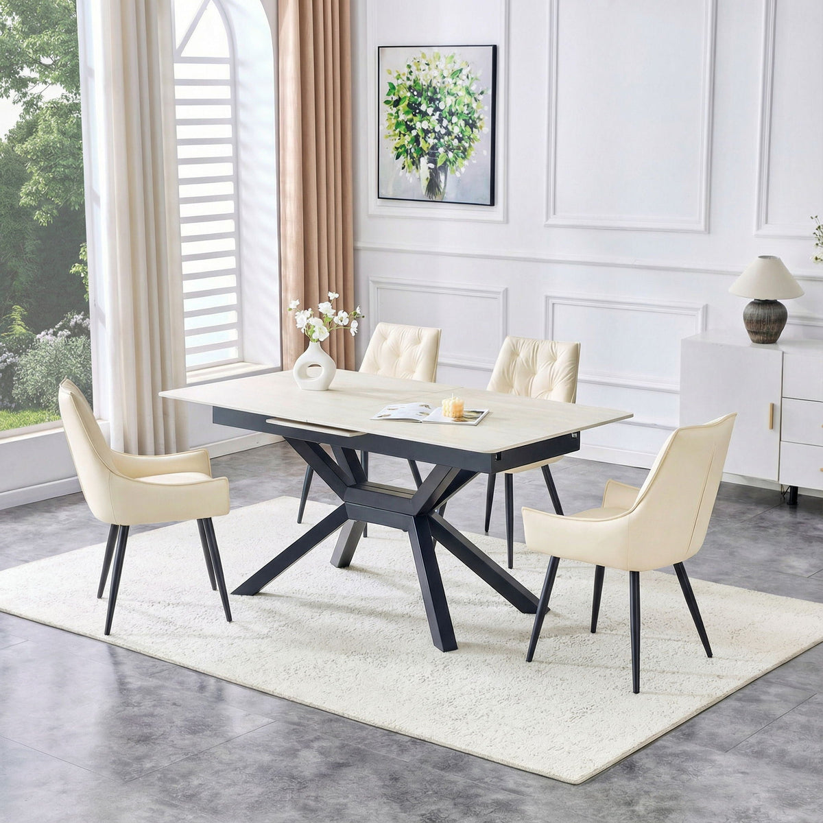 Rectangular Dining Table With Geometric Legs For Dining Room - Light Gray