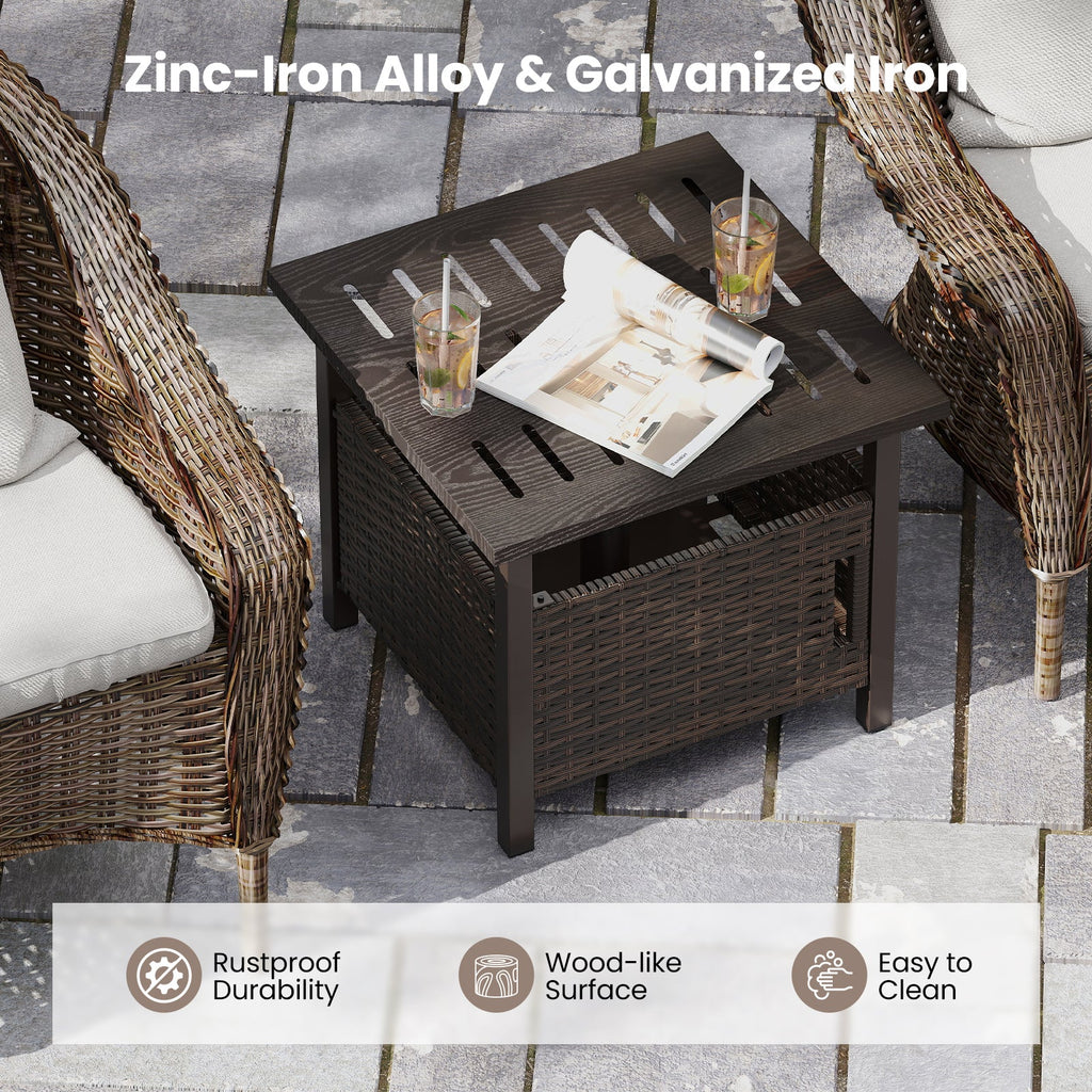 Outdoor Side Table with 1.93" Umbrella Hole All-Weather PE Wicker Patio Umbrella Table-Brown