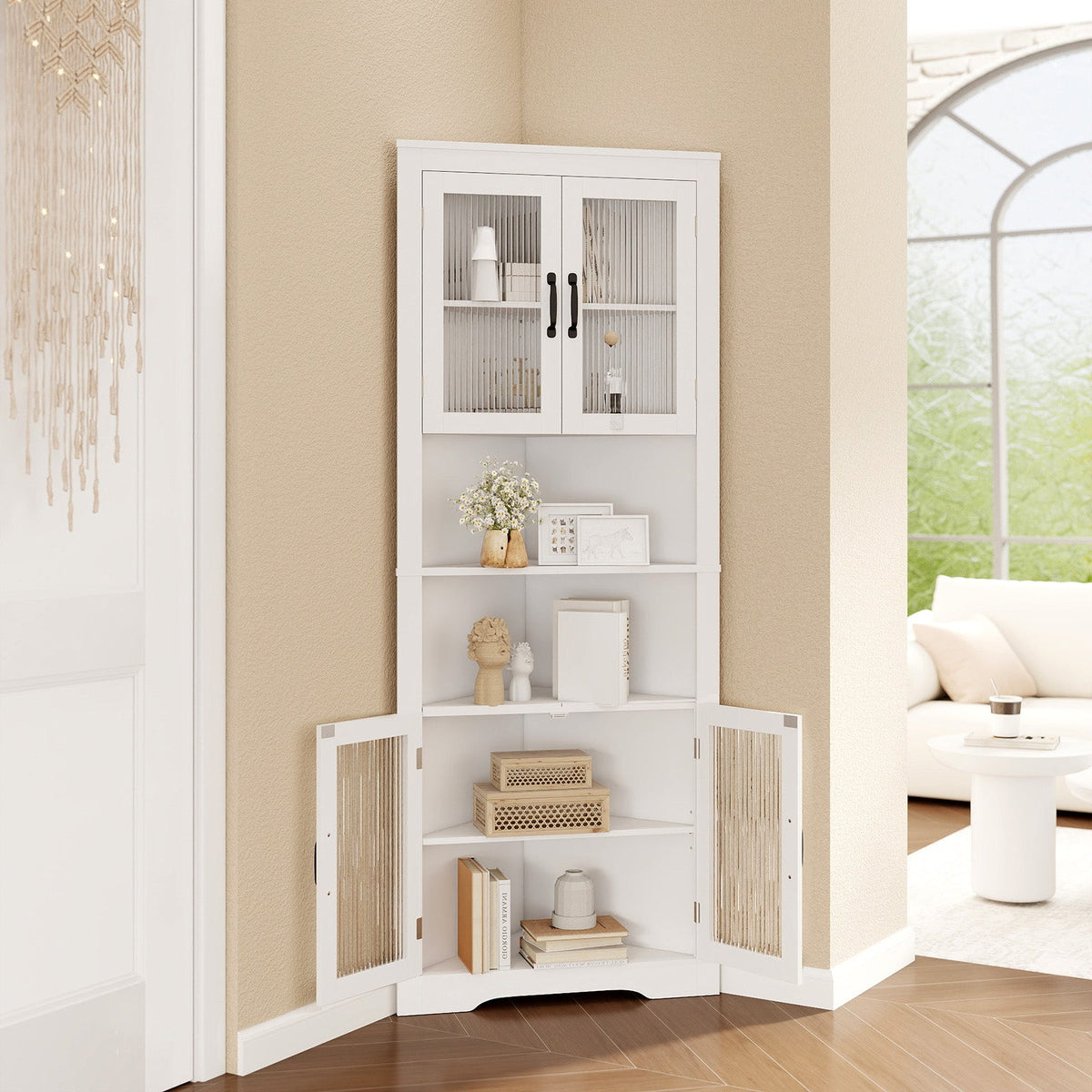 67 Inch Tall Corner Cabinet Triangular Buffet Cabinet with Tempered Glass Doors-White