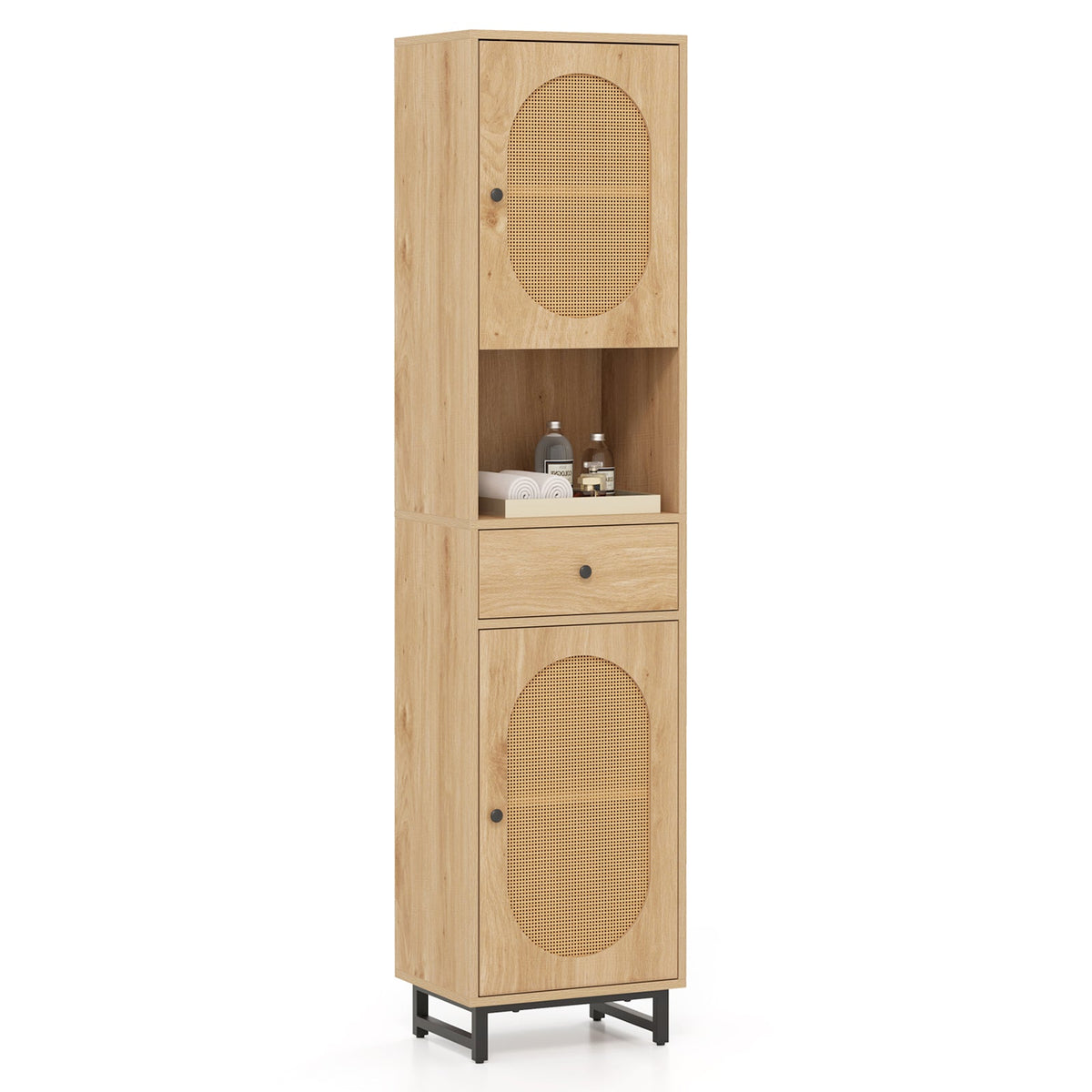 67 Inch Tall Bathroom Cabinet PE Rattan Floor Cabinet with 2 Doors-Natural