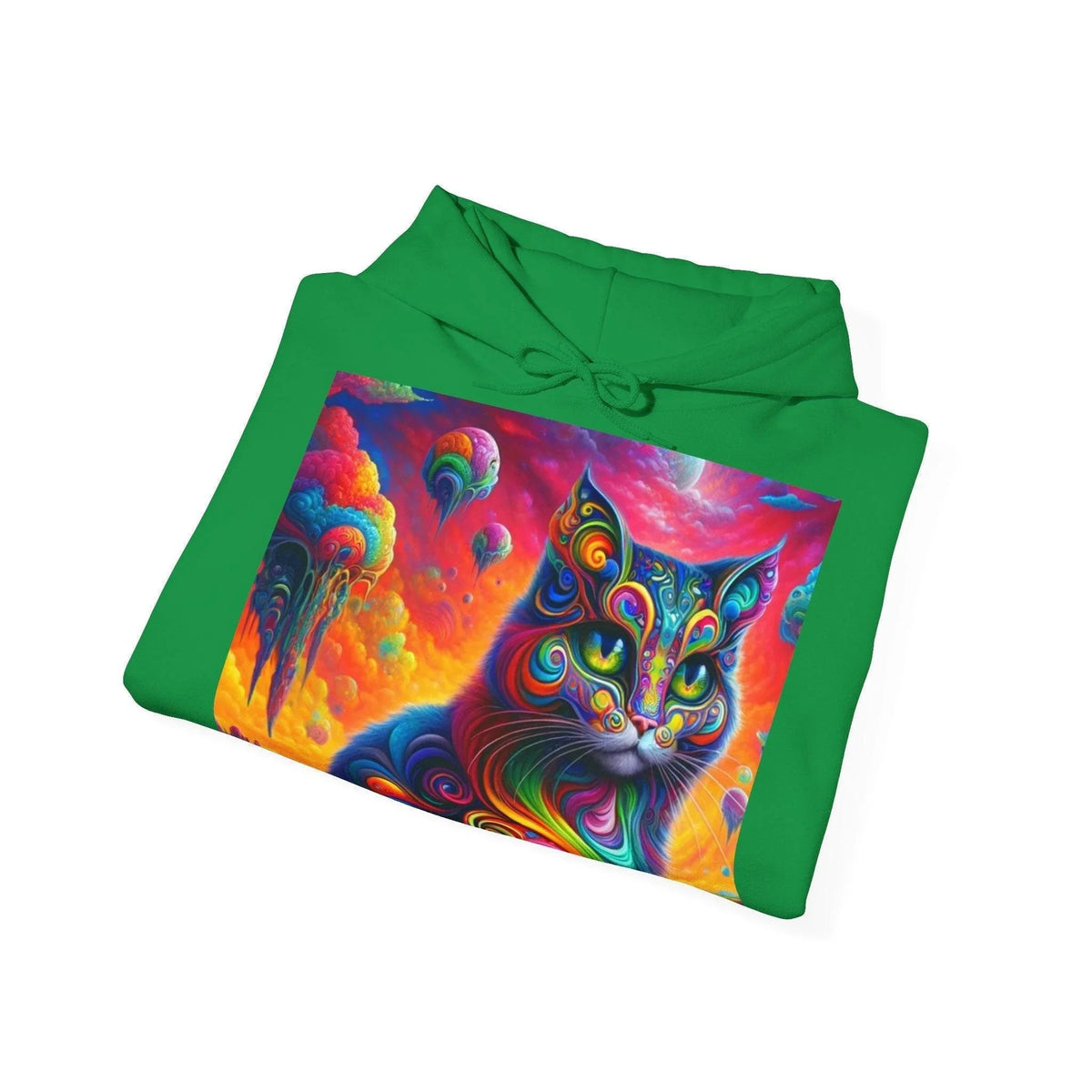 Psychedelic Cat in Surreal Landscape Hoodie SweatShirt: A Fusion of Fantasy and Feline Charm