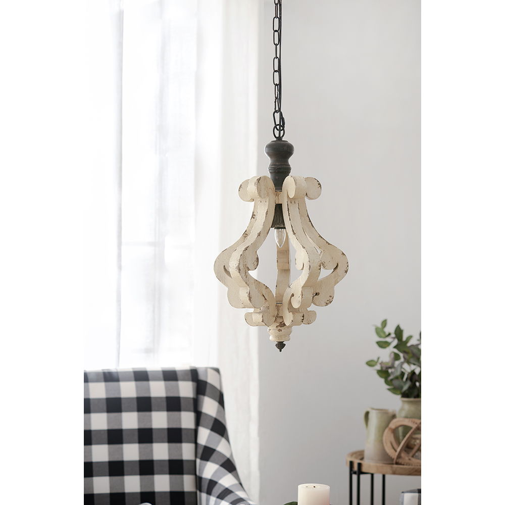 Farmhouse Chandeliar Distressed Pendant French Country Wood Chandelier For Living Room Foyer, Bulb Not Included - Antique Cream