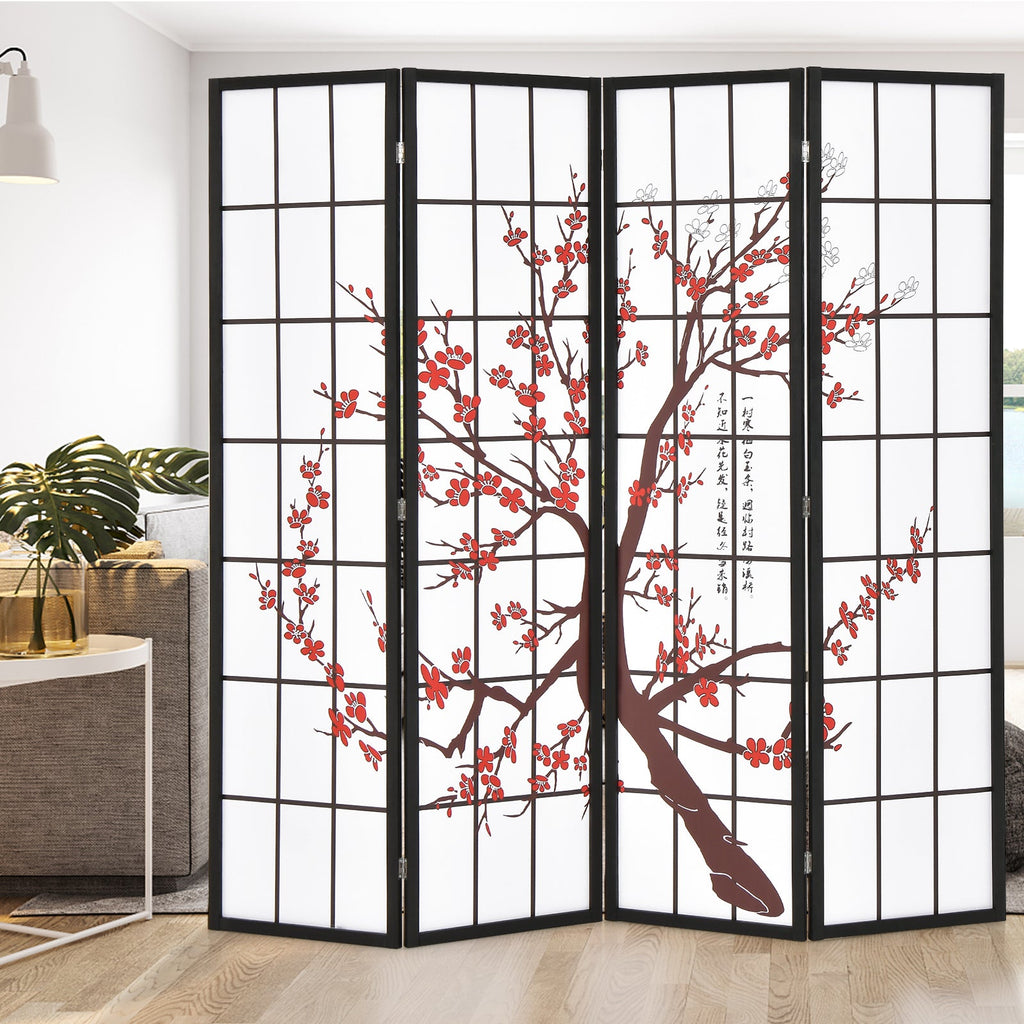 6 Feet Folding Decorative Oriental Privacy Screen with Plum Blossom Design-White