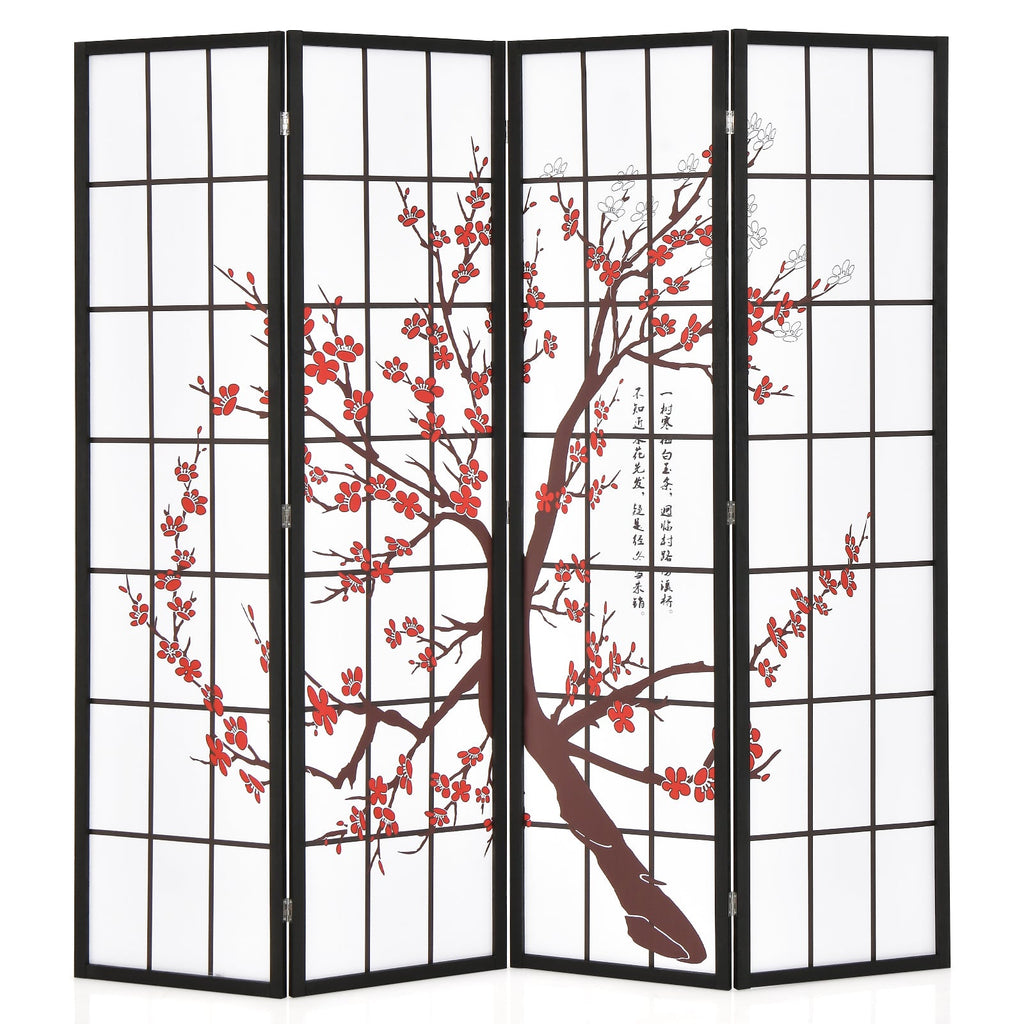 6 Feet Folding Decorative Oriental Privacy Screen with Plum Blossom Design-White