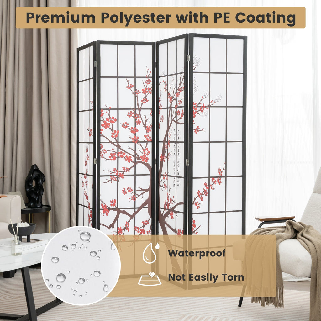 6 Feet Folding Decorative Oriental Privacy Screen with Plum Blossom Design-White
