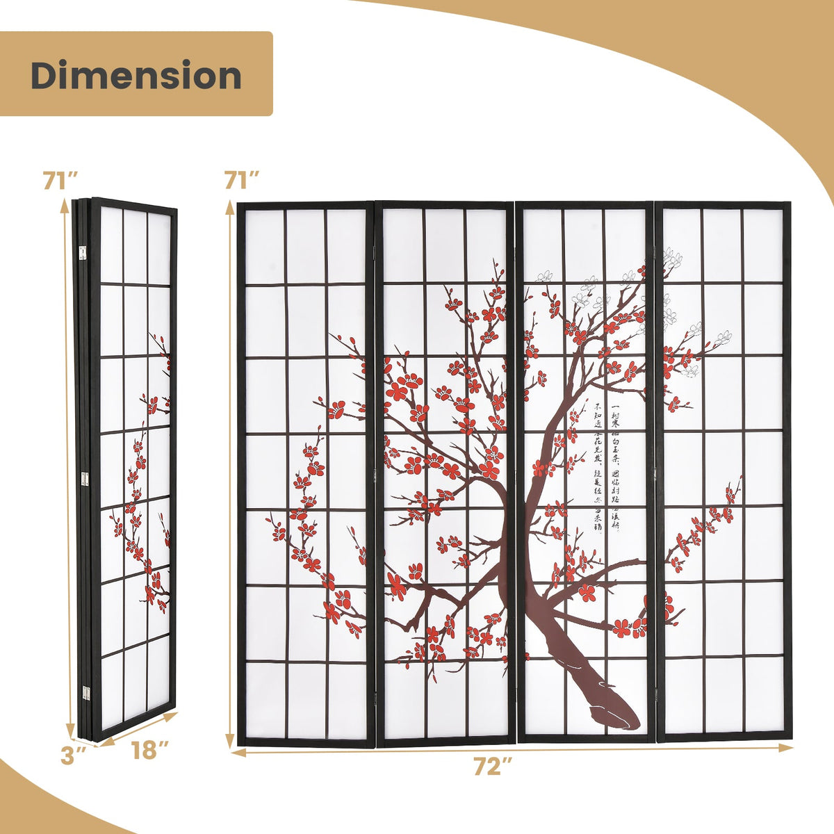 6 Feet Folding Decorative Oriental Privacy Screen with Plum Blossom Design-White