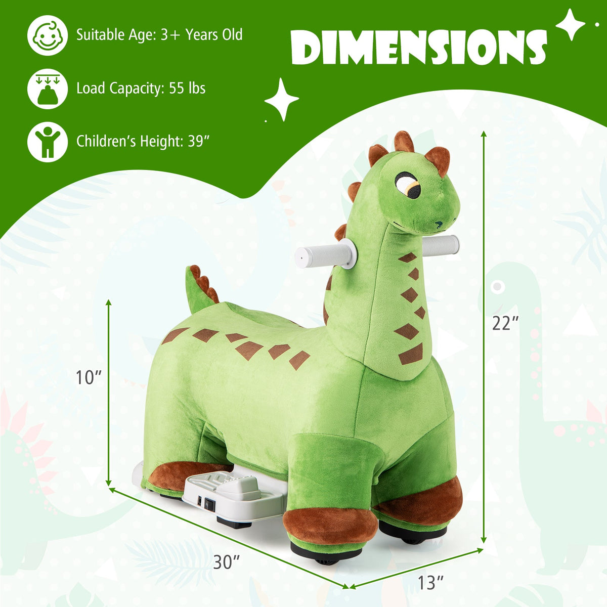 6V Kids Ride on Dinosaur with Foot Pedal and Padded Seat and Music-Green