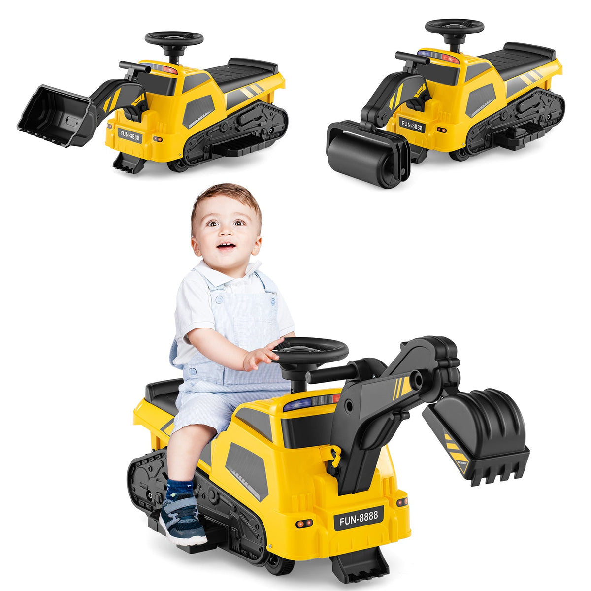 6V Ride on Tractor 3-in-1 Electric Excavator with Adjustable Arms and Music-Yellow
