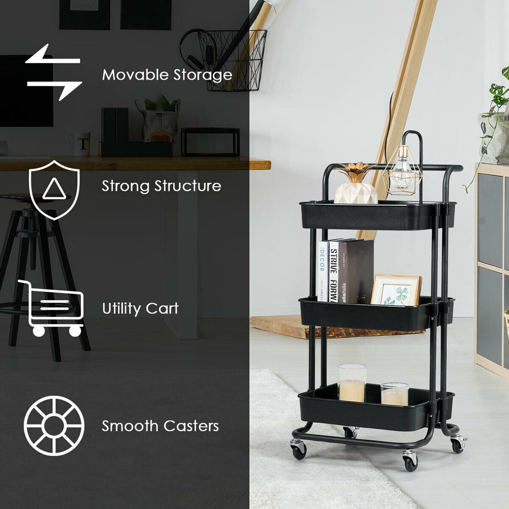 3-Tier Utility Cart Storage Rolling Cart with Casters