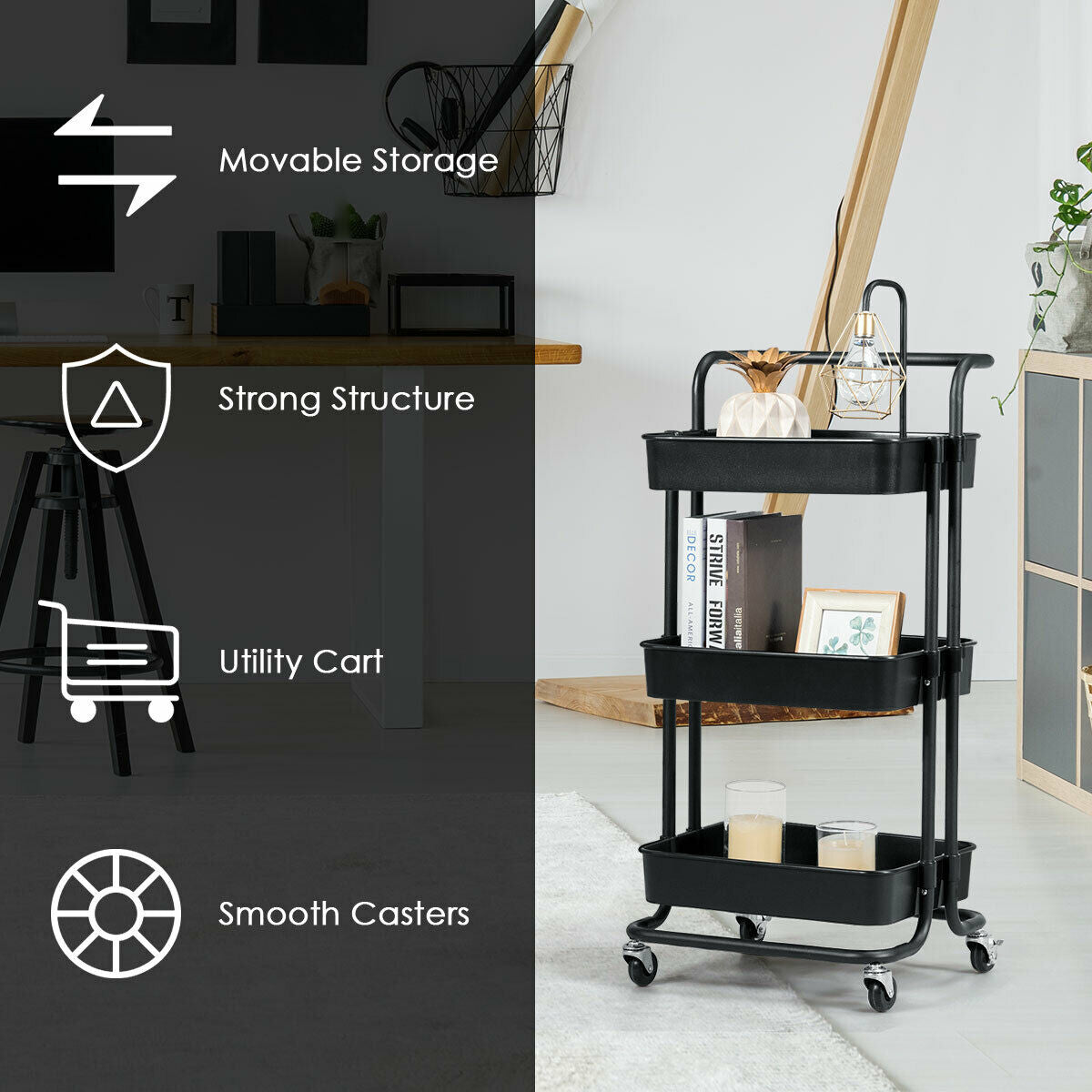 3-Tier Utility Cart Storage Rolling Cart with Casters