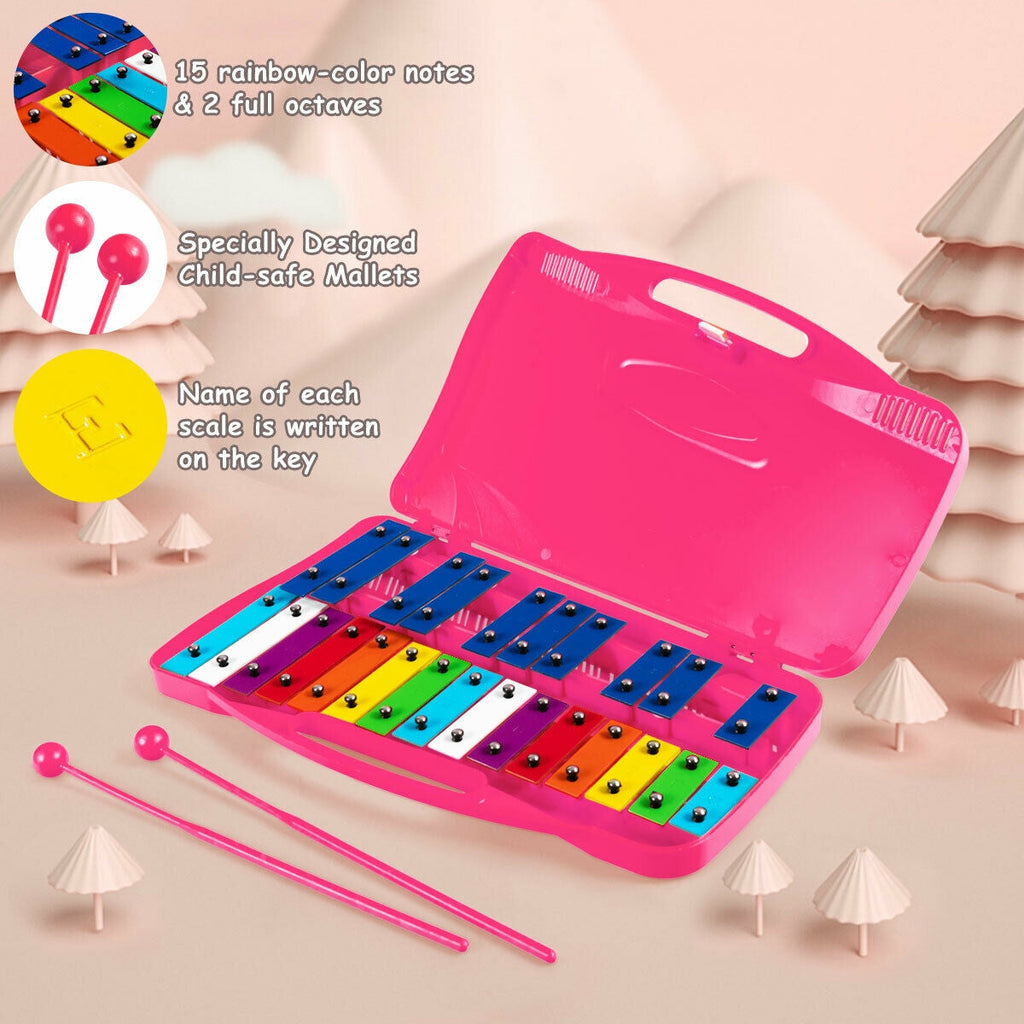 25 Notes Kids Glockenspiel Chromatic Metal Xylophone-Pink