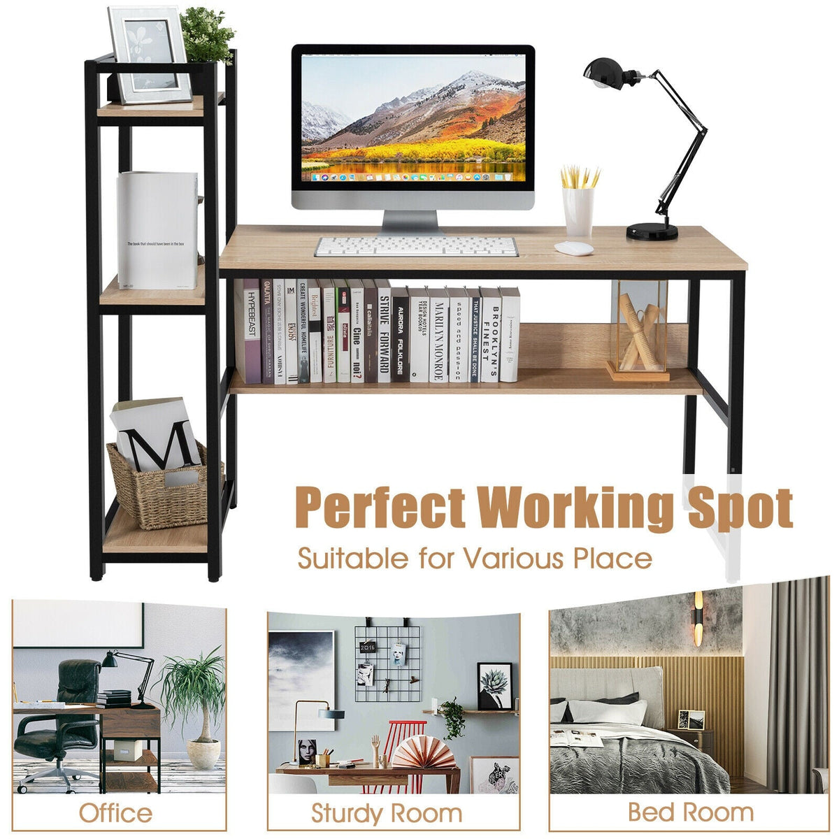 59-Inch Computer Desk Home Office Workstation 4-Tier Storage Shelves