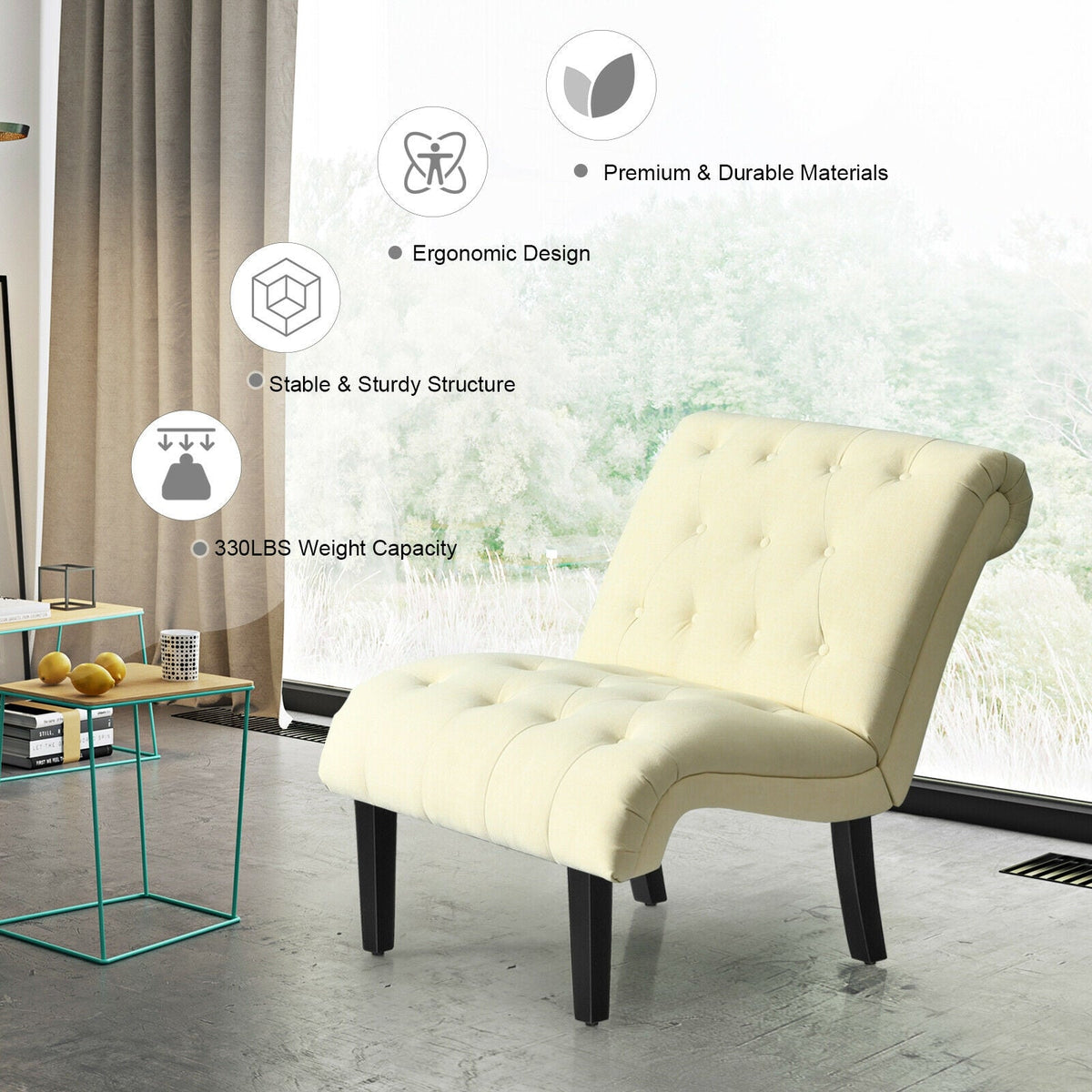 Cotton Linen Fabric Armless Accent Chair with Adjustable Foot Pads