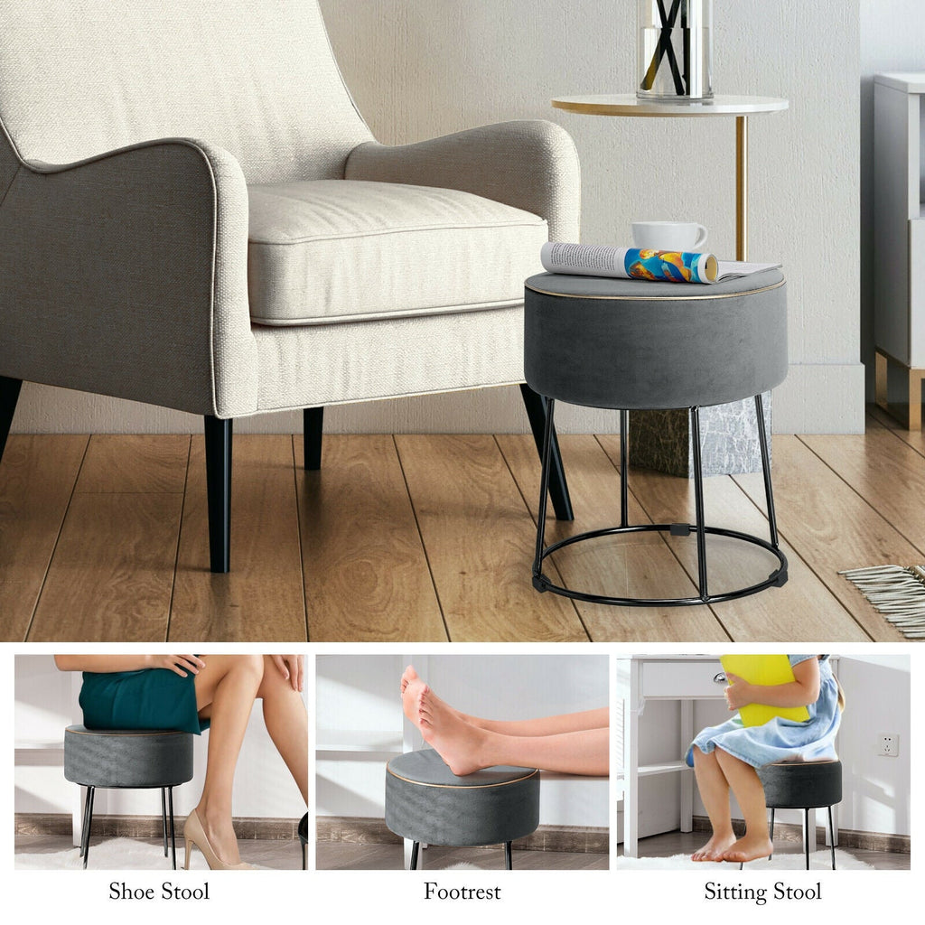 Round Velvet Footrest Stool Ottoman with Non-Slip Foot Pads for Bedside