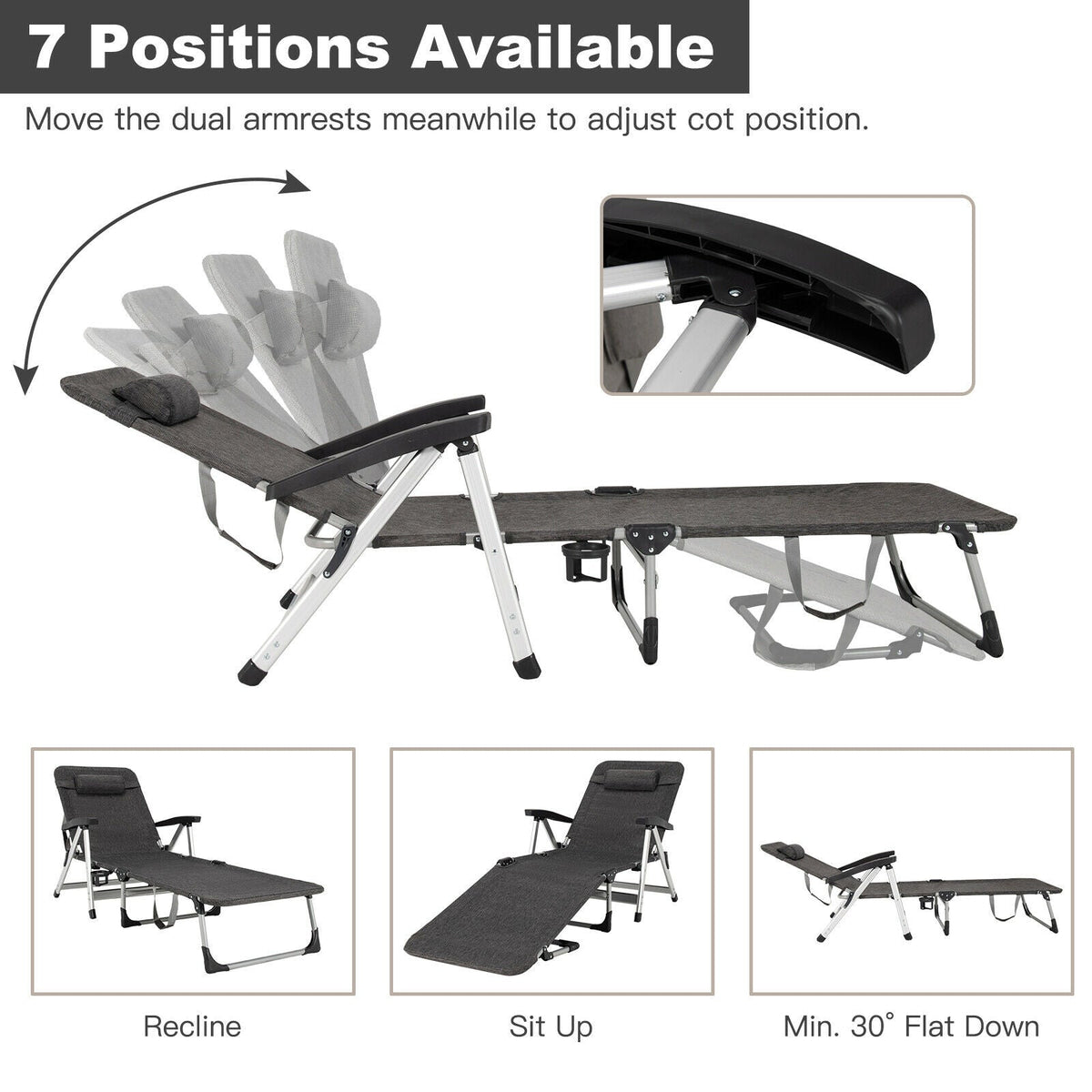 Beach Folding Chaise Lounge Recliner with 7 Adjustable Position