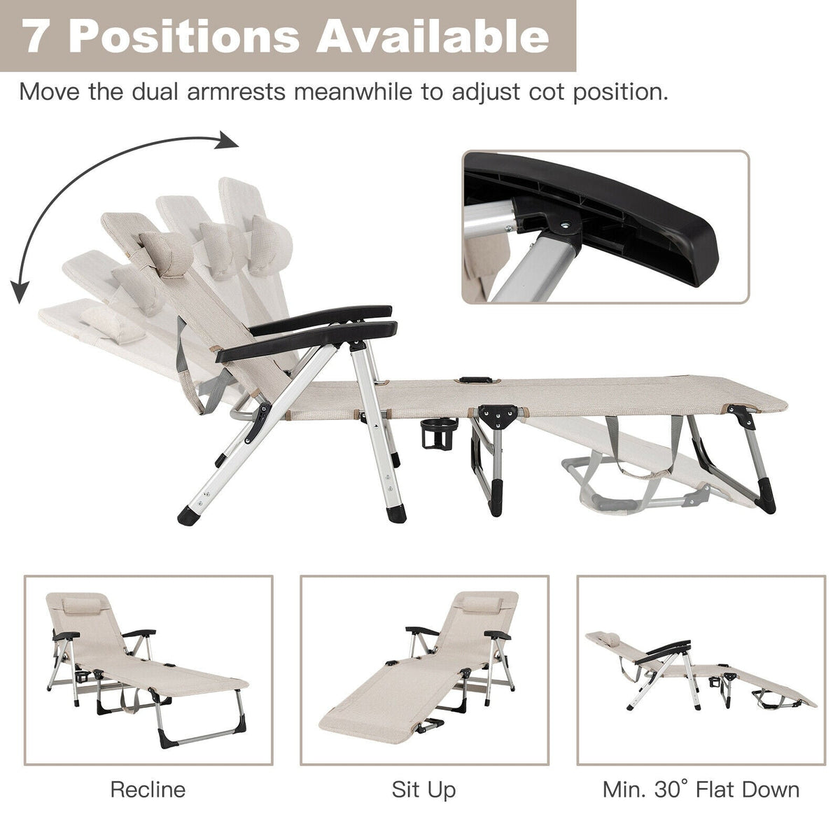 Beach Folding Chaise Lounge Recliner with 7 Adjustable Position