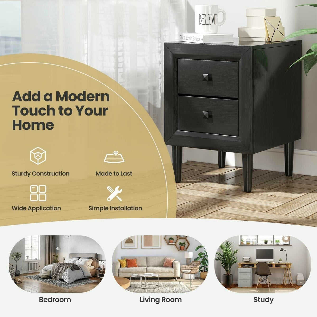 2PCS Nightstand W/2 Drawer Multipurpose