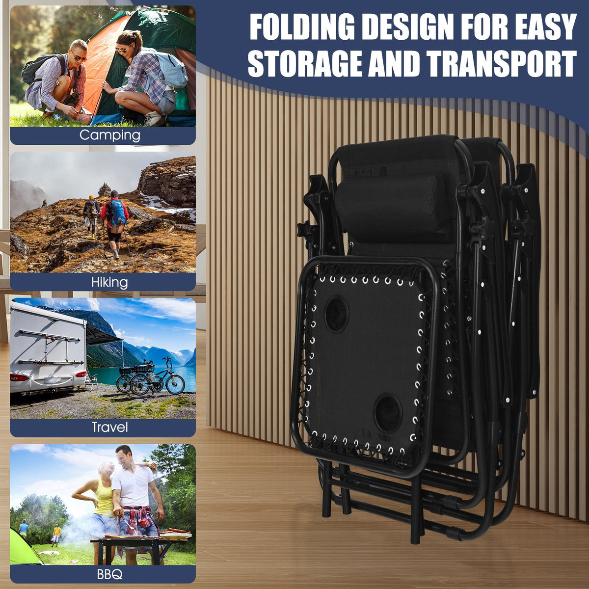3 Pieces Folding Portable Zero Gravity Reclining Lounge Chairs Table Set