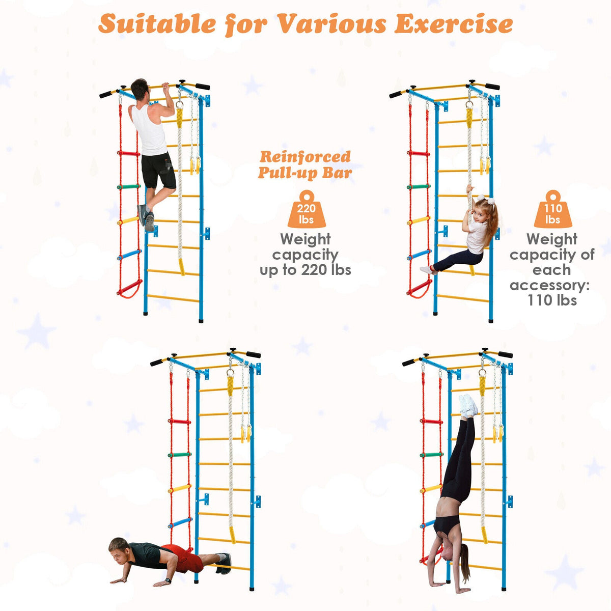 7 In 1 Kids Indoor Gym Playground Swedish Wall Ladder for Solid Wall-Yellow