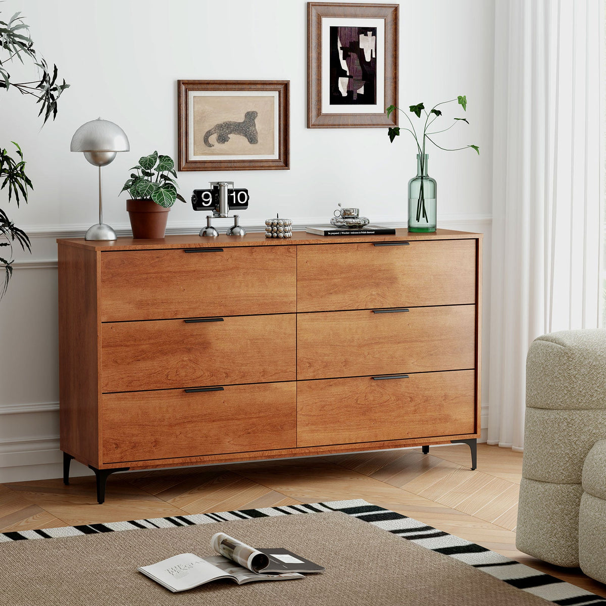 6-Drawer Dresser with Interlock System for Bedroom Living Room-Cherry