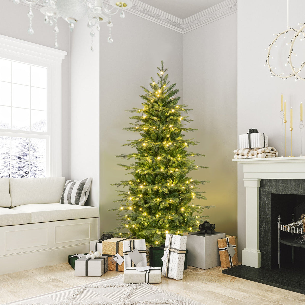 7.5 Feet Pre-Lit Artificial Christmas Tree with Warm White LED Lights