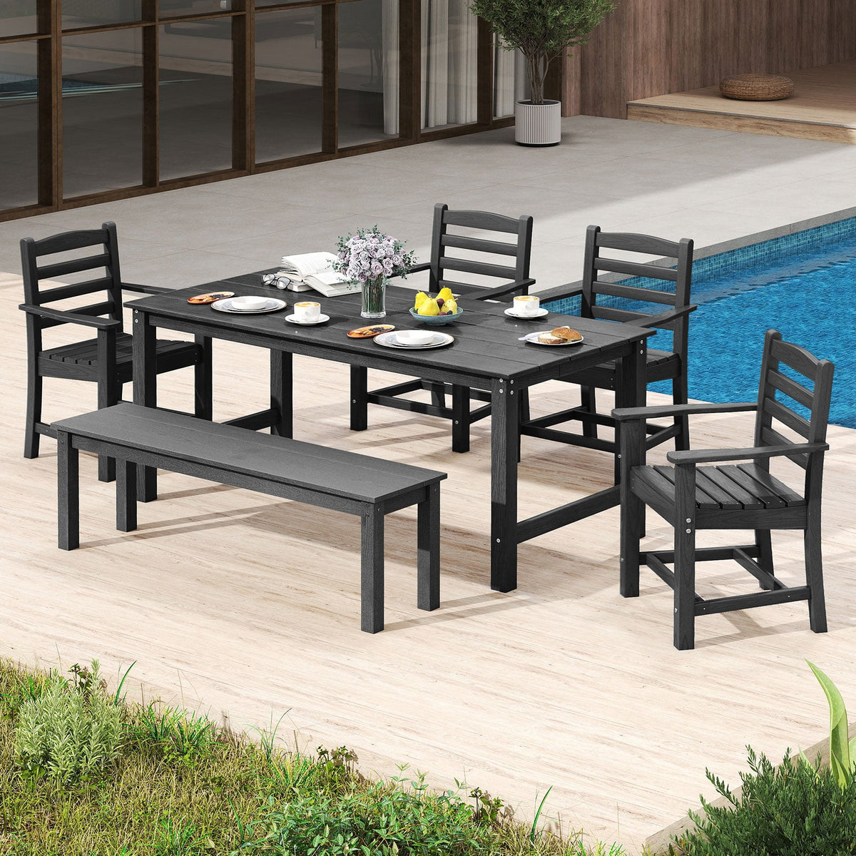 6 Pieces Patio Dining Bench Set Outdoor HDPE Weather Resistant Table and Chairs Set
