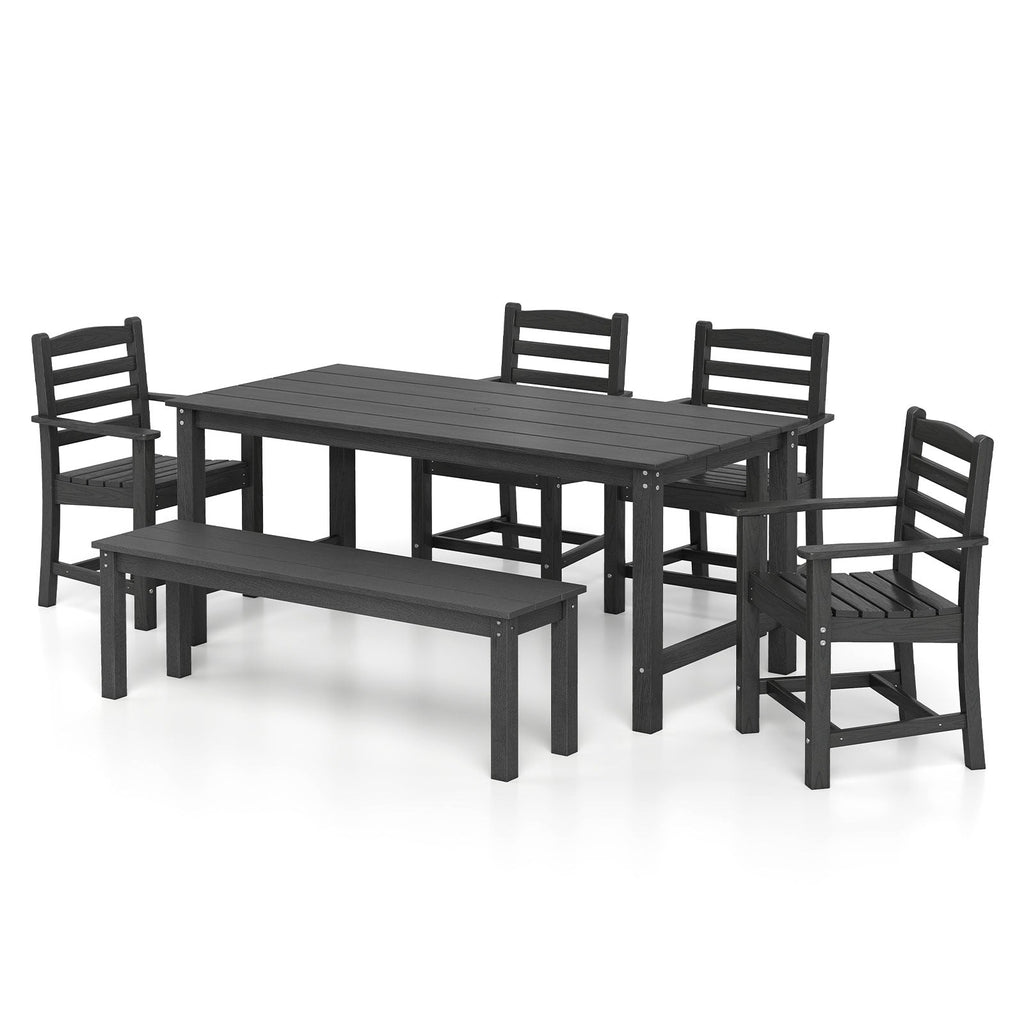 6 Pieces Patio Dining Bench Set Outdoor HDPE Weather Resistant Table and Chairs Set