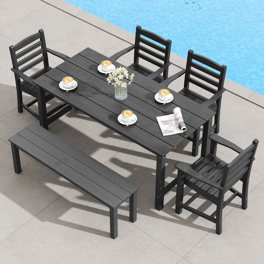 6 Pieces Patio Dining Bench Set Outdoor HDPE Weather Resistant Table and Chairs Set
