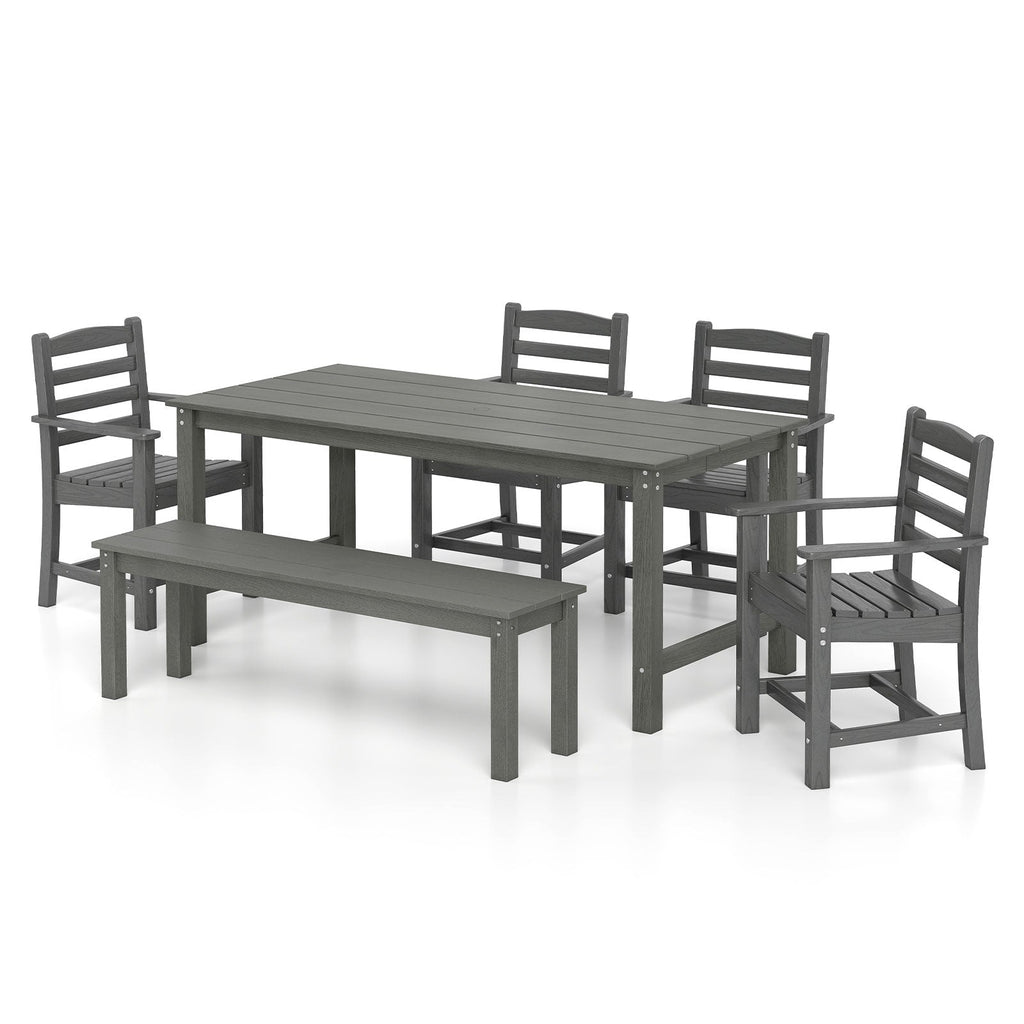 6 Pieces Patio Dining Bench Set Outdoor HDPE Weather Resistant Table and Chairs Set