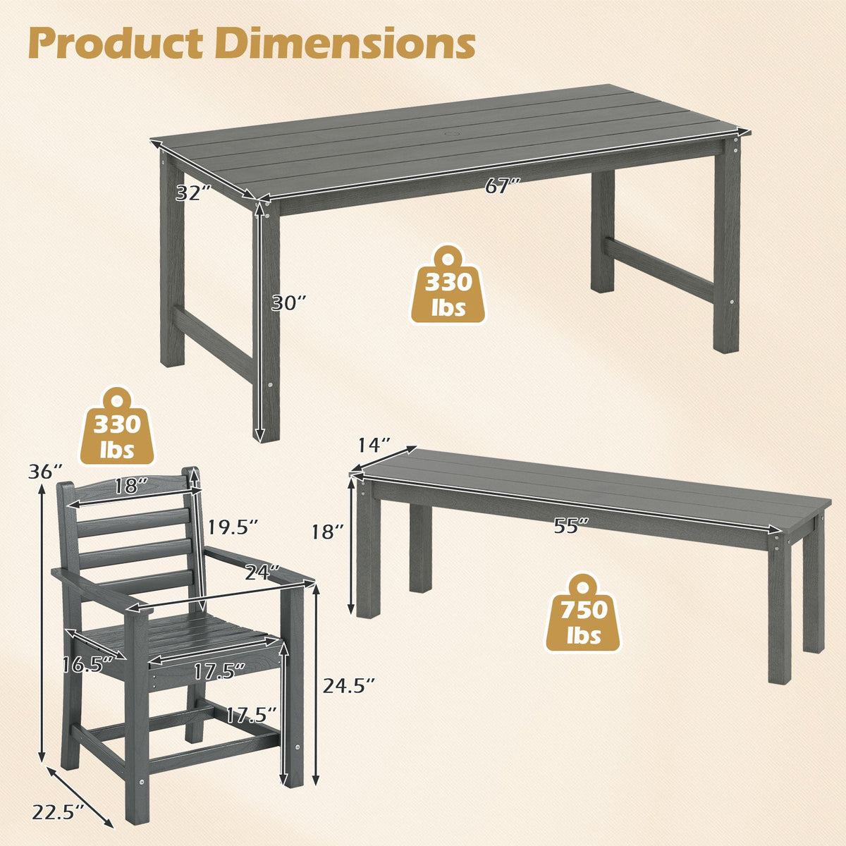 6 Pieces Patio Dining Bench Set Outdoor HDPE Weather Resistant Table and Chairs Set