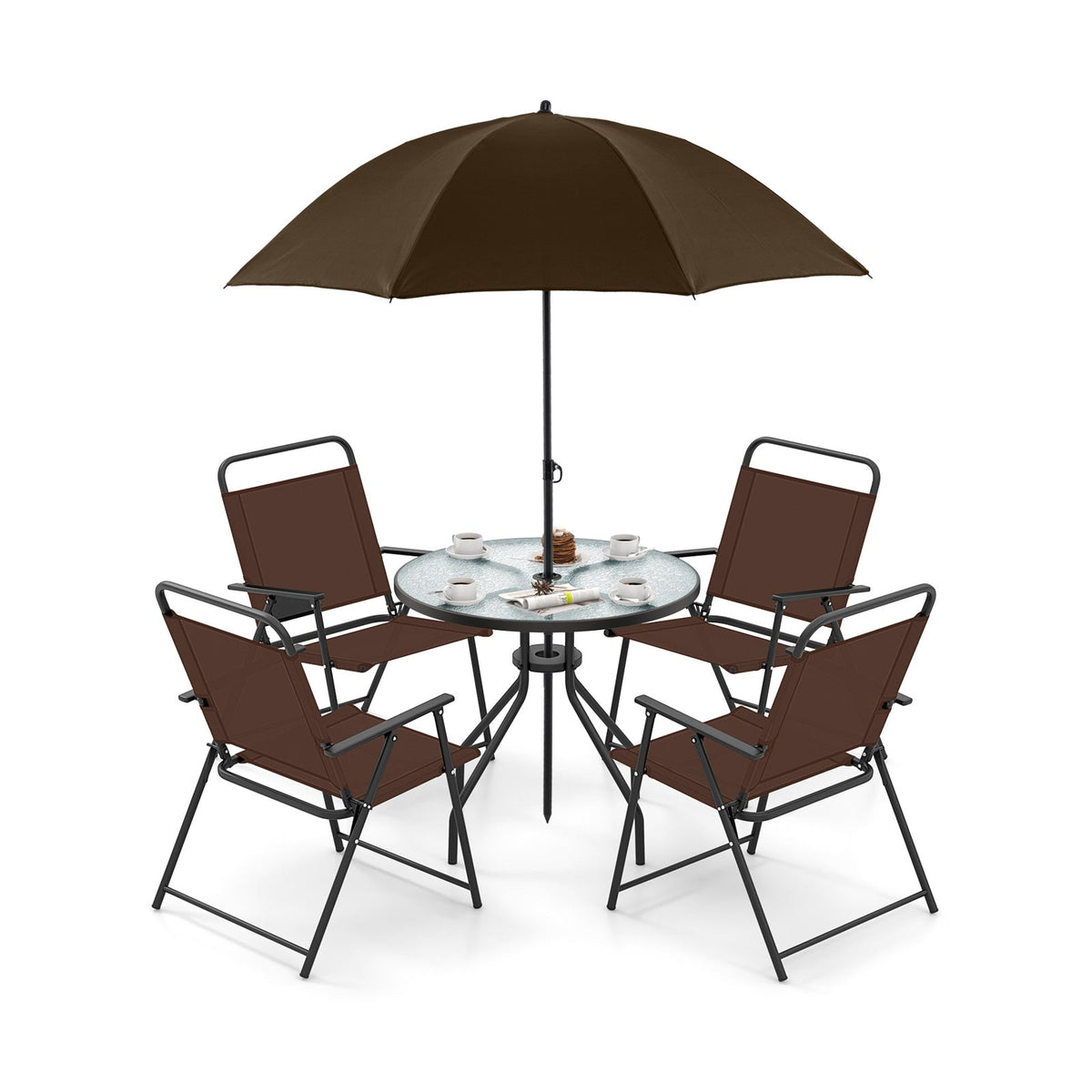 6 Pieces Patio Dining Set Folding Chairs Glass Table Tilt Umbrella for Garden