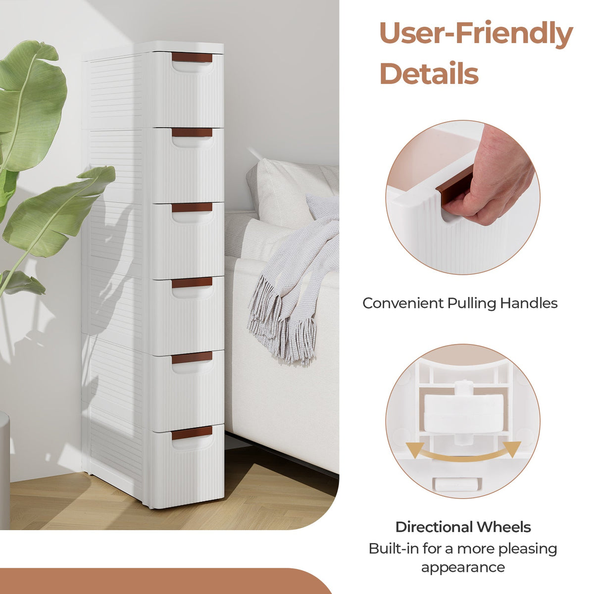 3/4/5/6-Drawer Rolling Organizer Unit Narrow Storage Cabinet with Built-In Wheels for Small Space-6-Drawer