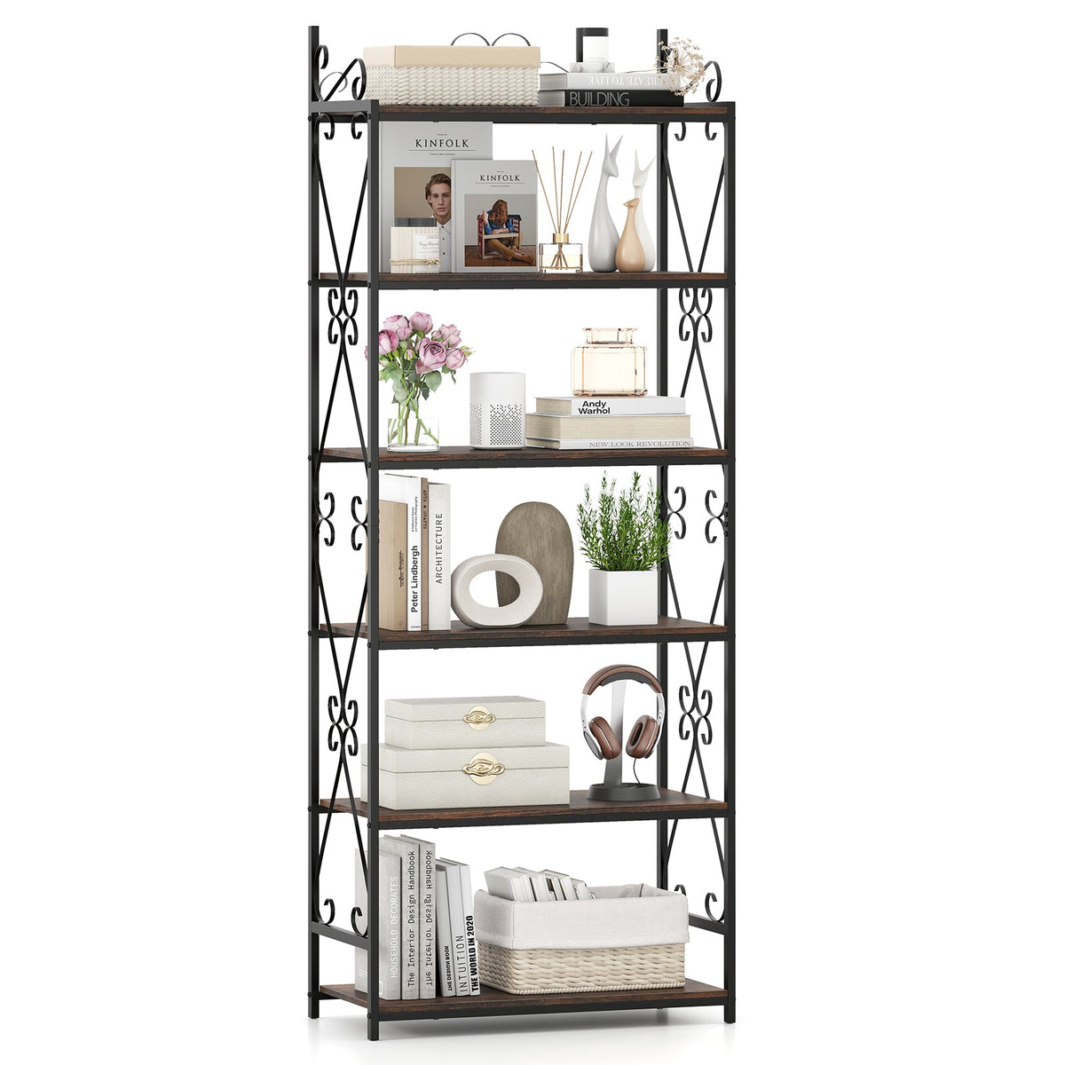6-Tier Bookshelf Industrial Bookcase with 2 Anti-Tipping Kits and Metal Frame-Rustic Brown