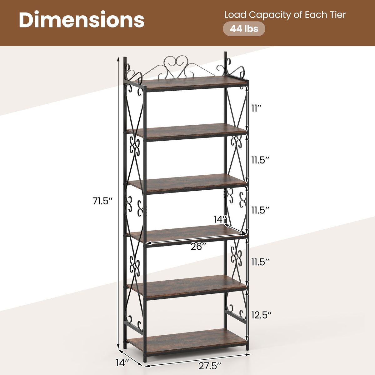 6-Tier Bookshelf Industrial Bookcase with 2 Anti-Tipping Kits and Metal Frame-Rustic Brown