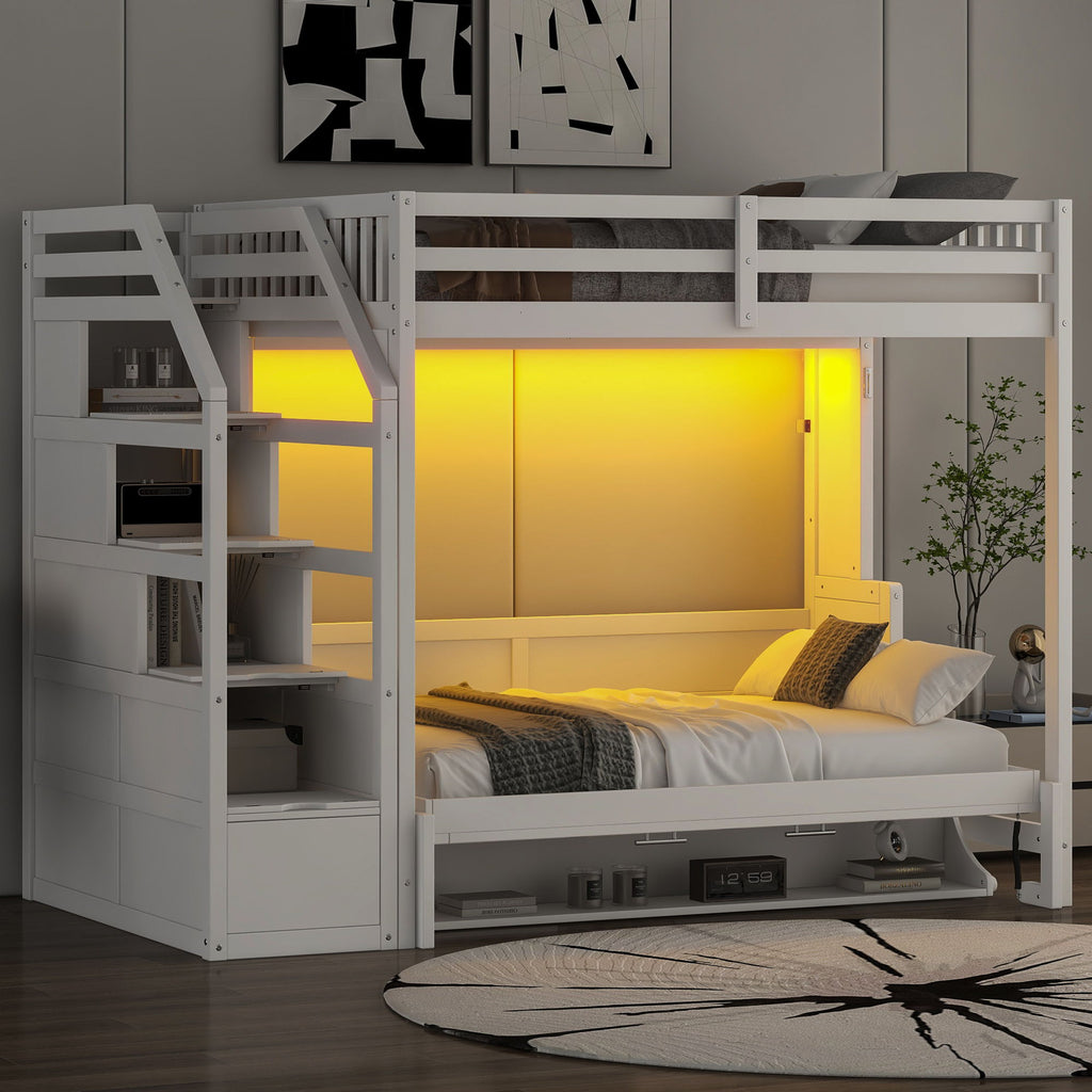 Full Long Loft Bed With Storage Staircase, Murphy Bed, LED Light - White
