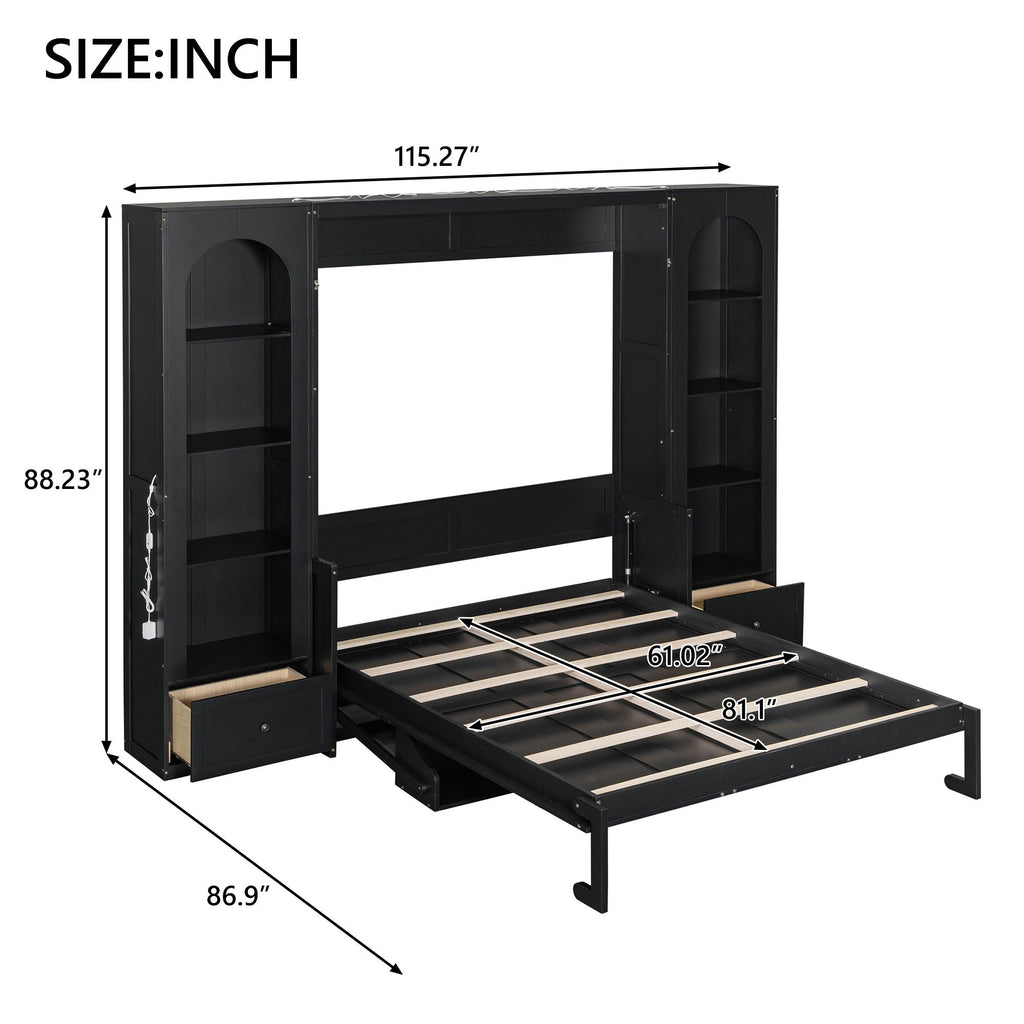 French Style Murphy Platform Bed With Shelf, Side Cabinets, Drawers And LED