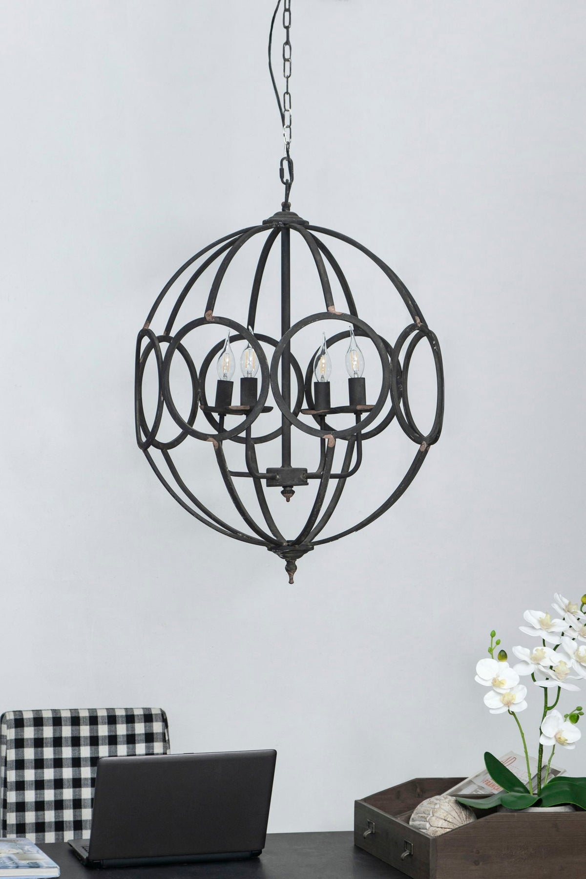 4 Light Metal Chandelier, Hanging Light Fixture With Adjustable Chain For Kitchen, Bulb Not Included - Black