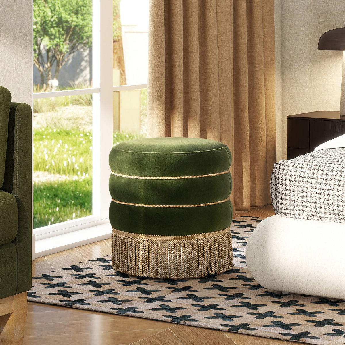 Edward - Round Upholstered Ottoman With Bullion Fringe - Olive Green